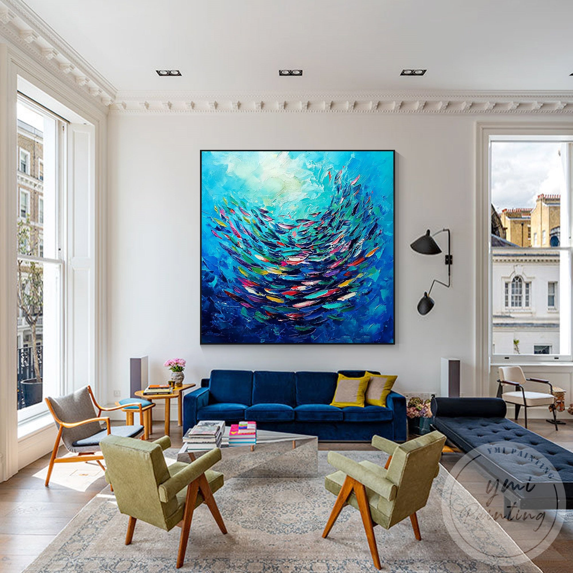 Large blue school of fish wall art for modern interiors