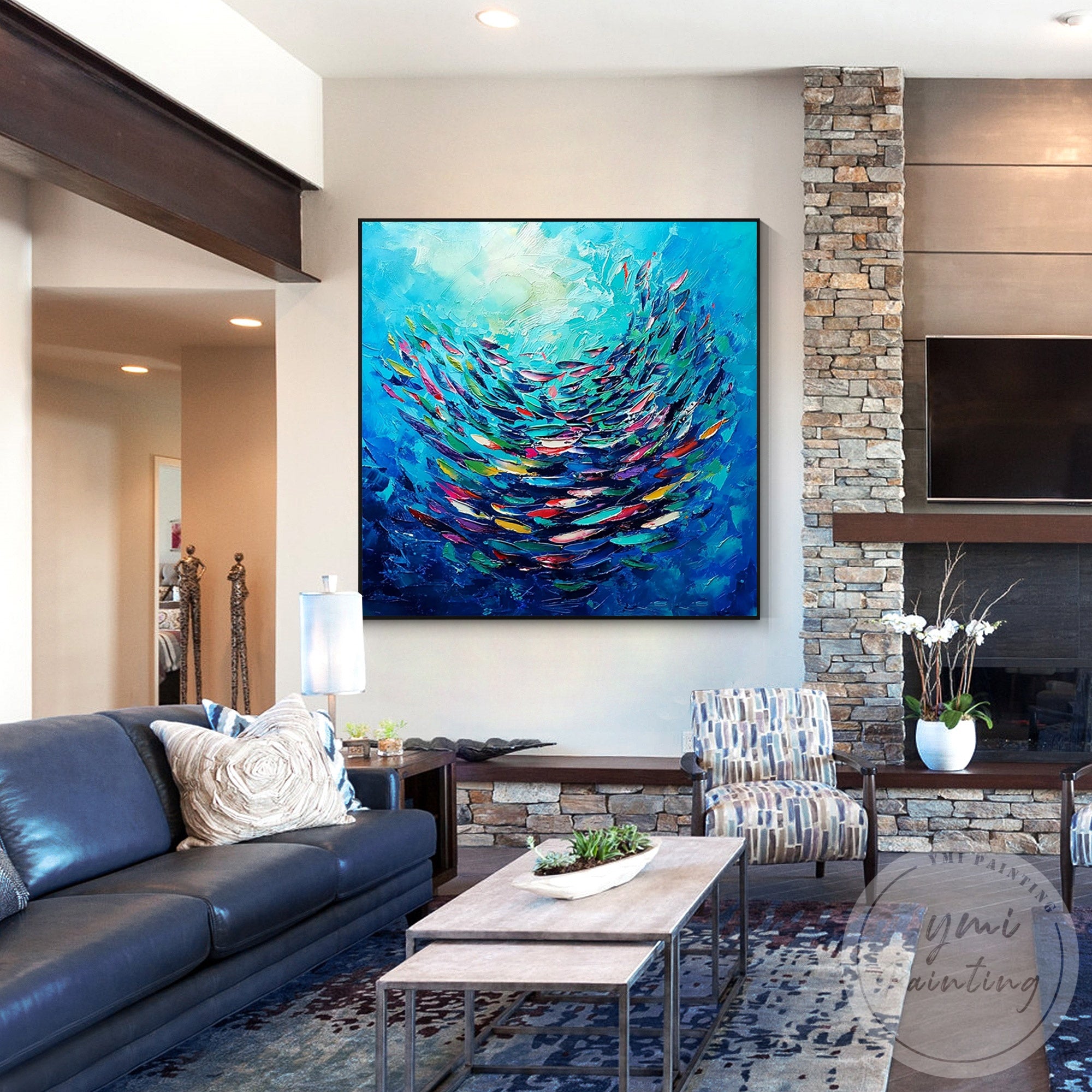 Hand painted colorful fish canvas with ocean swirl design