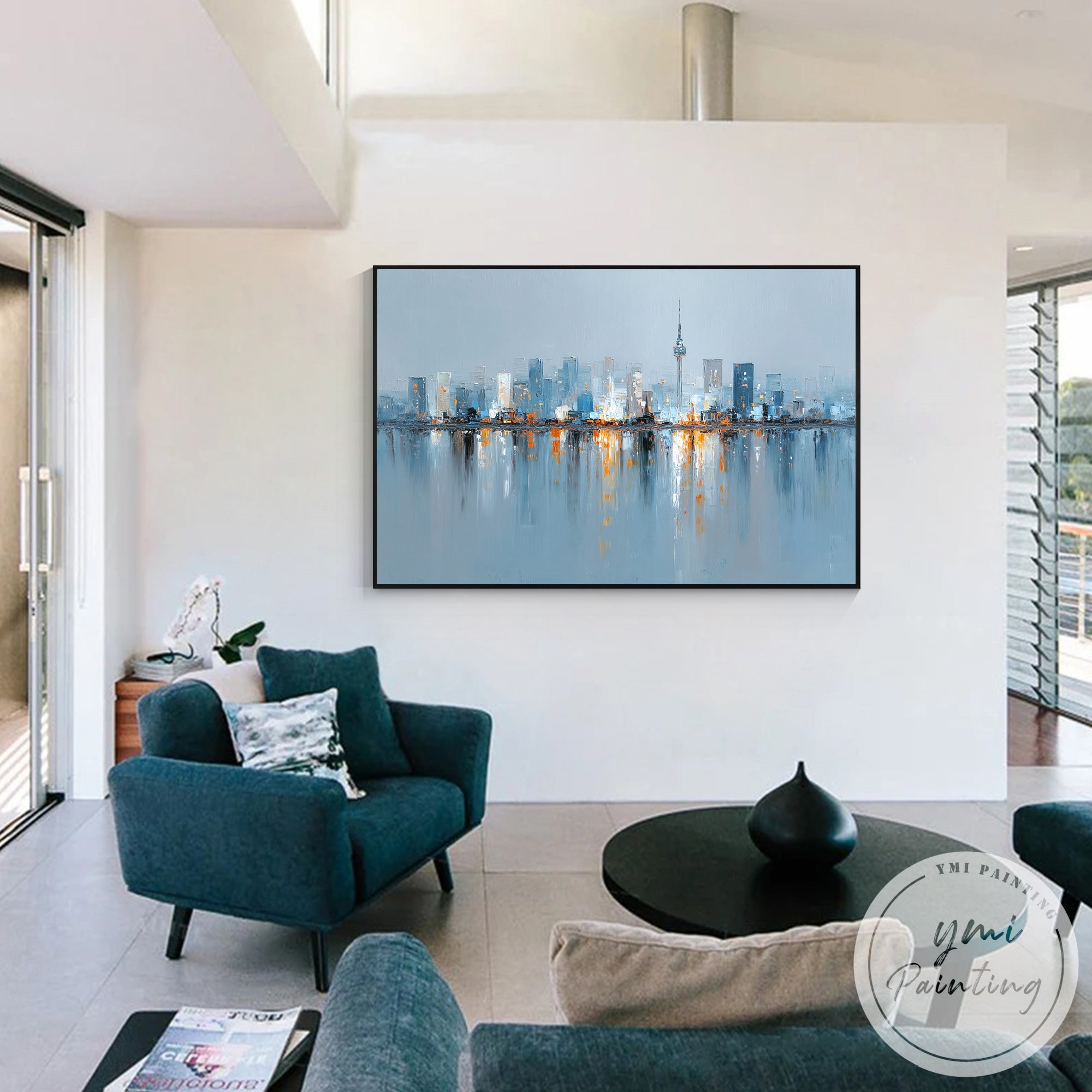 Blue grey textured skyline painting Seoul city wall art design