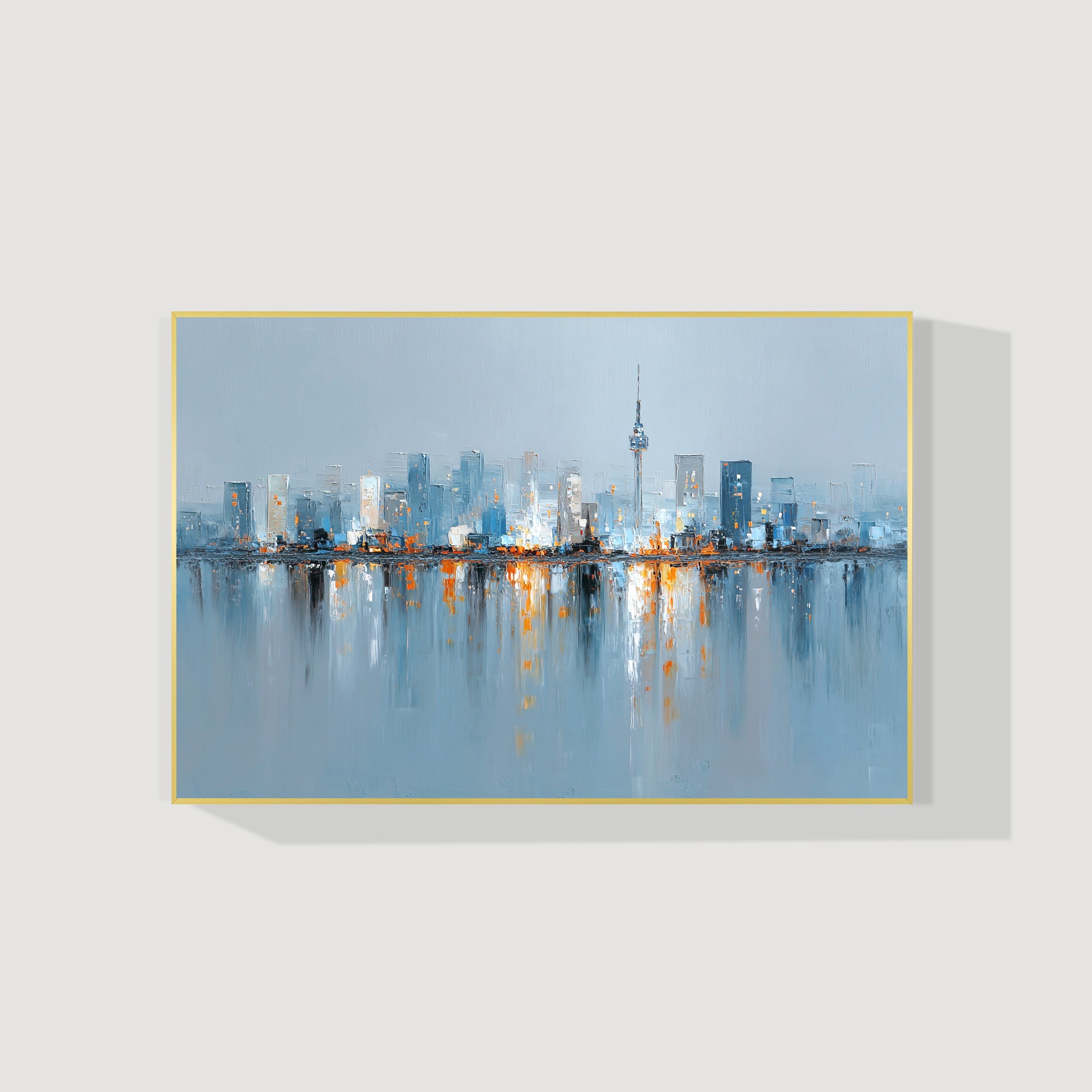 Abstract Seoul cityscape painting textured blue grey skyline canvas