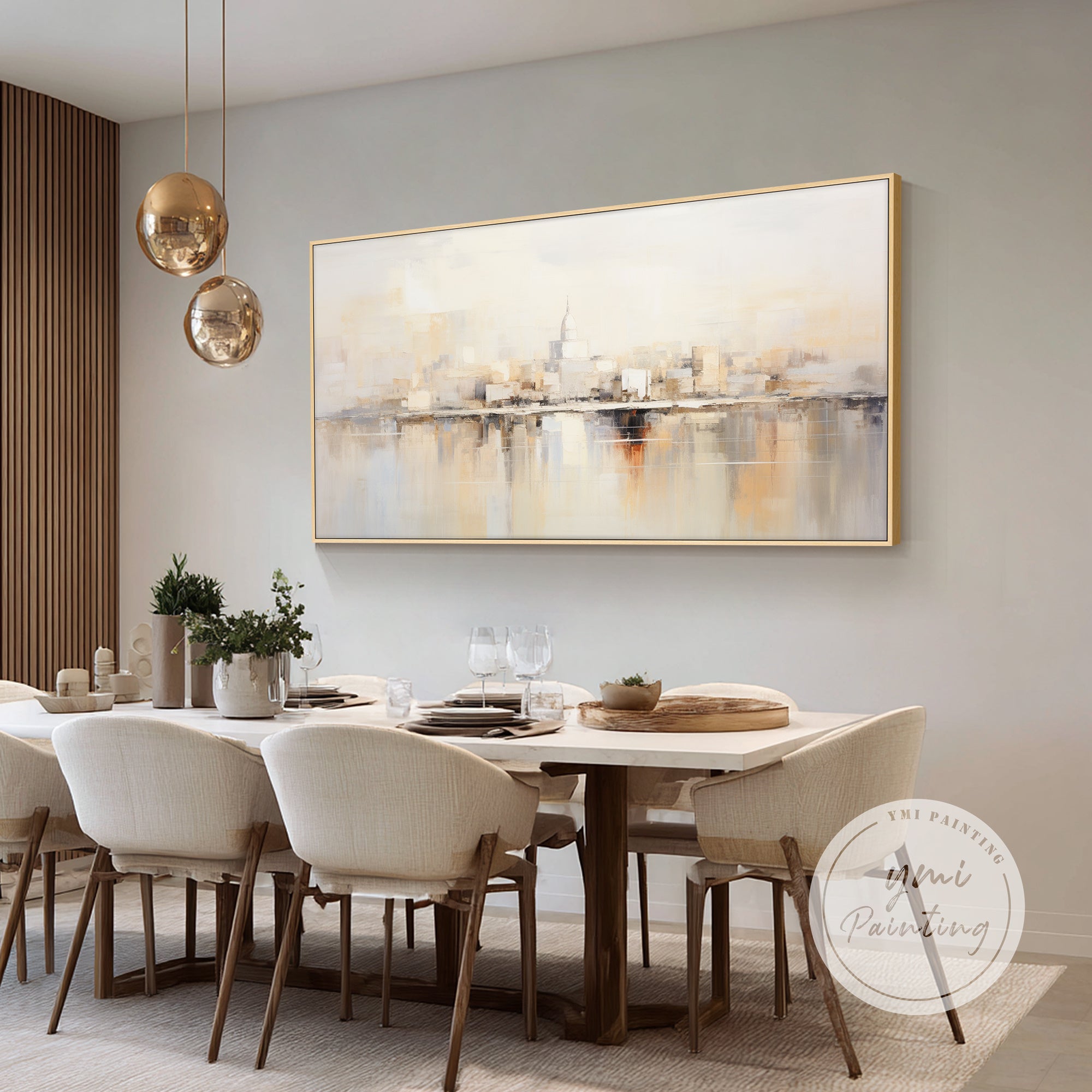 Modern Washington cityscape canvas art with soft beige and grey tones