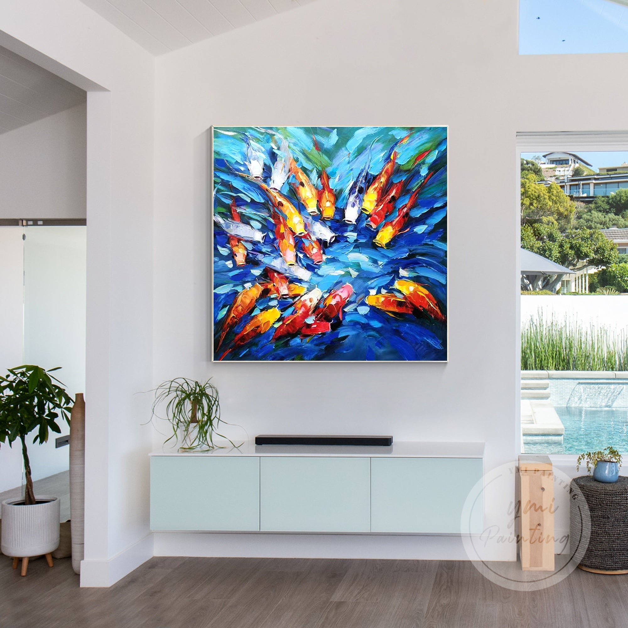 Vibrant koi fish painting with bold colors and textured brushstrokes, symbolizing prosperity.