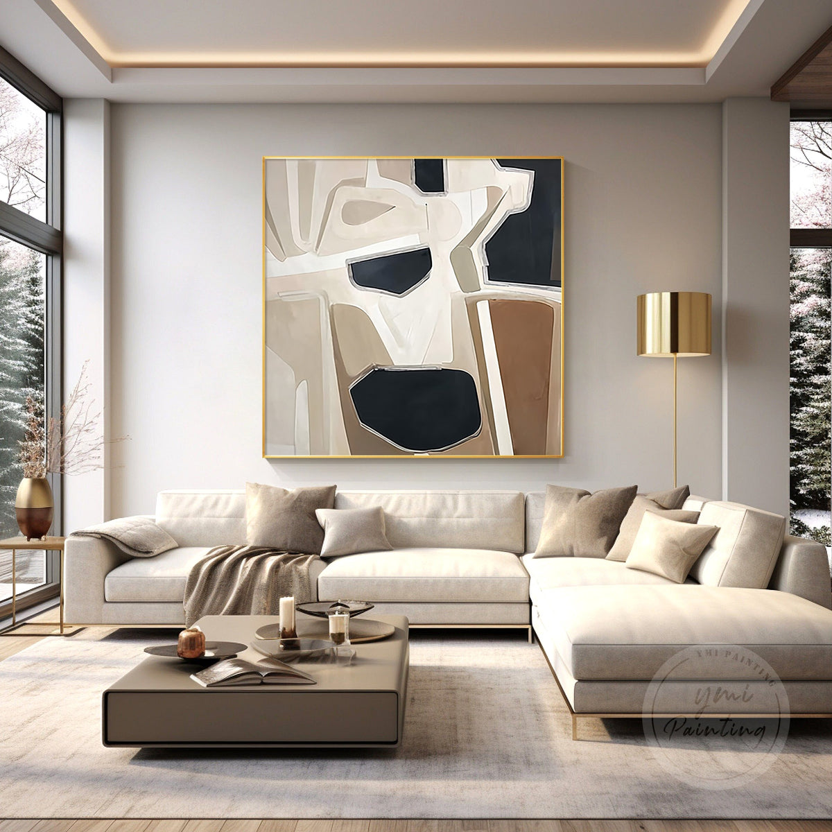 Hand-painted architectural abstract wall art with interlocking geometric shapes in cream, sand, camel and charcoal, front view