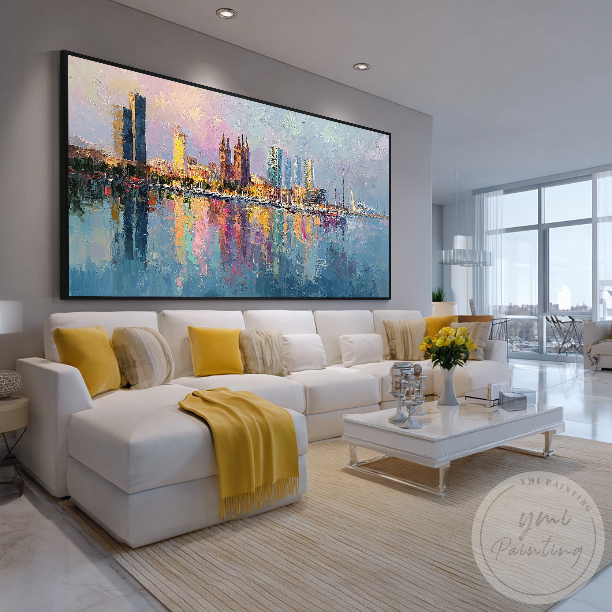 Panoramic Barcelona harbor wall art for living room decor