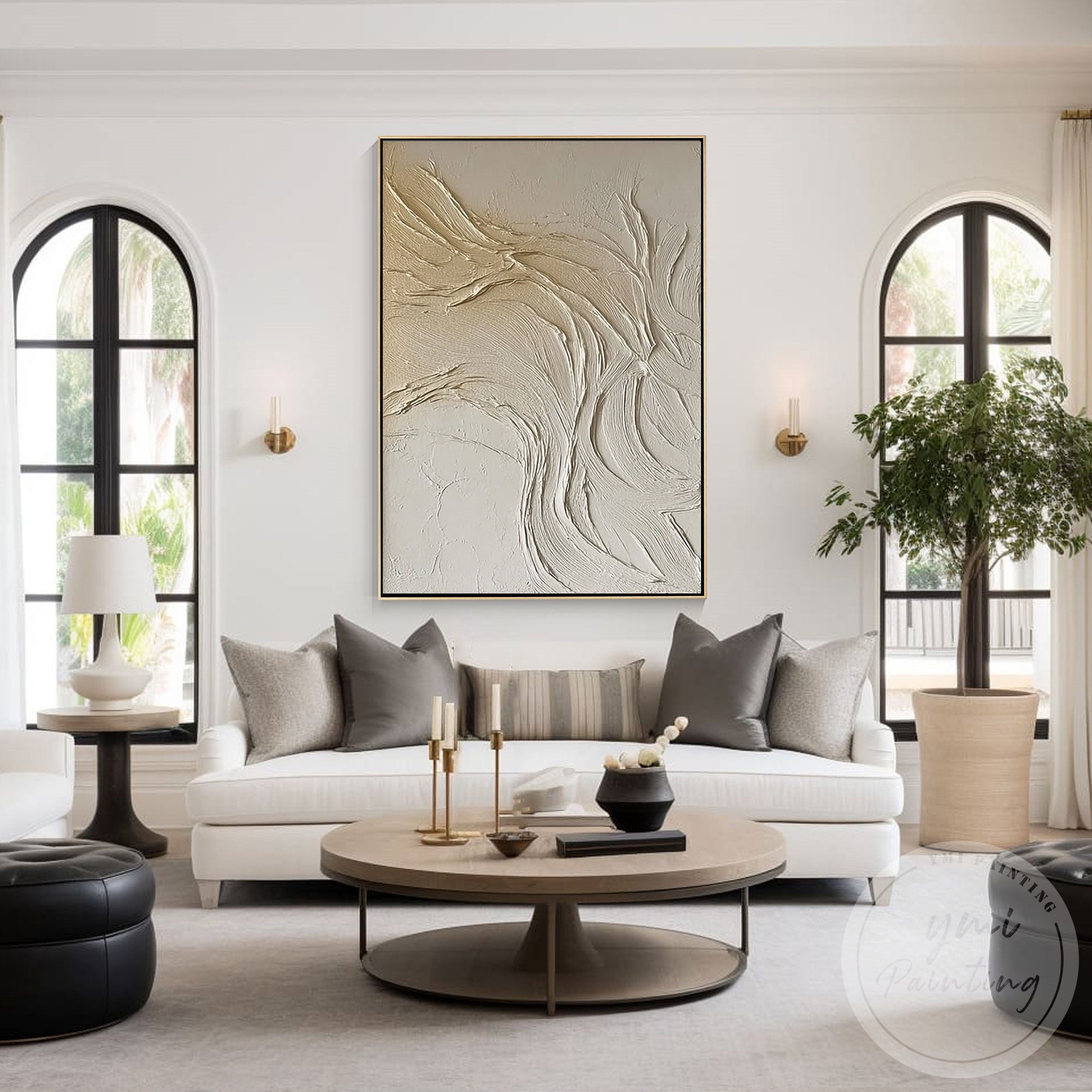 Minimalist textured canvas painting with natural beige tones