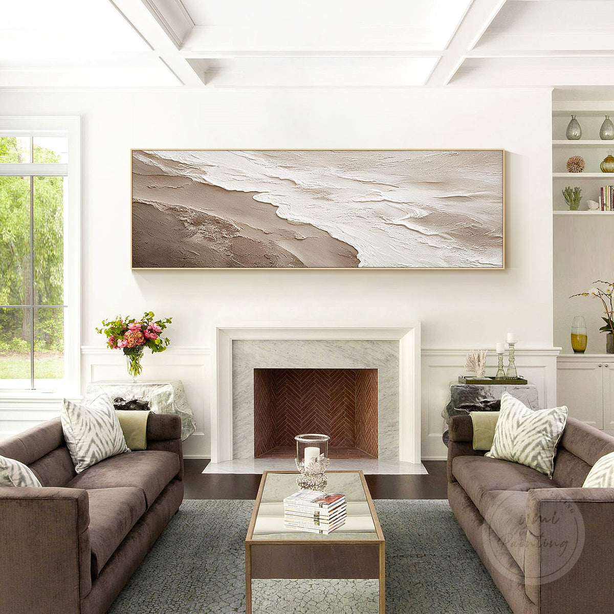 Beige and ivory abstract wall art displayed above a modern living room sofa