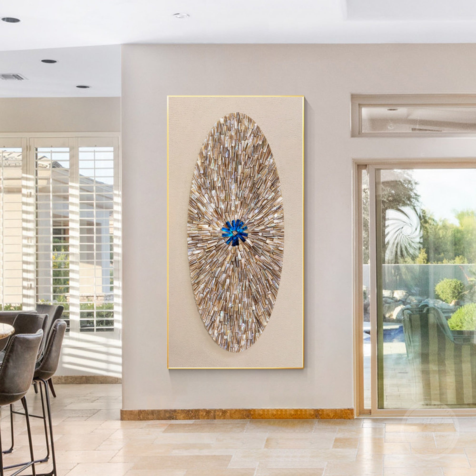 Luxury coastal wall decor with 3D oyster shells, beige tones, and handcrafted natural texture artwork