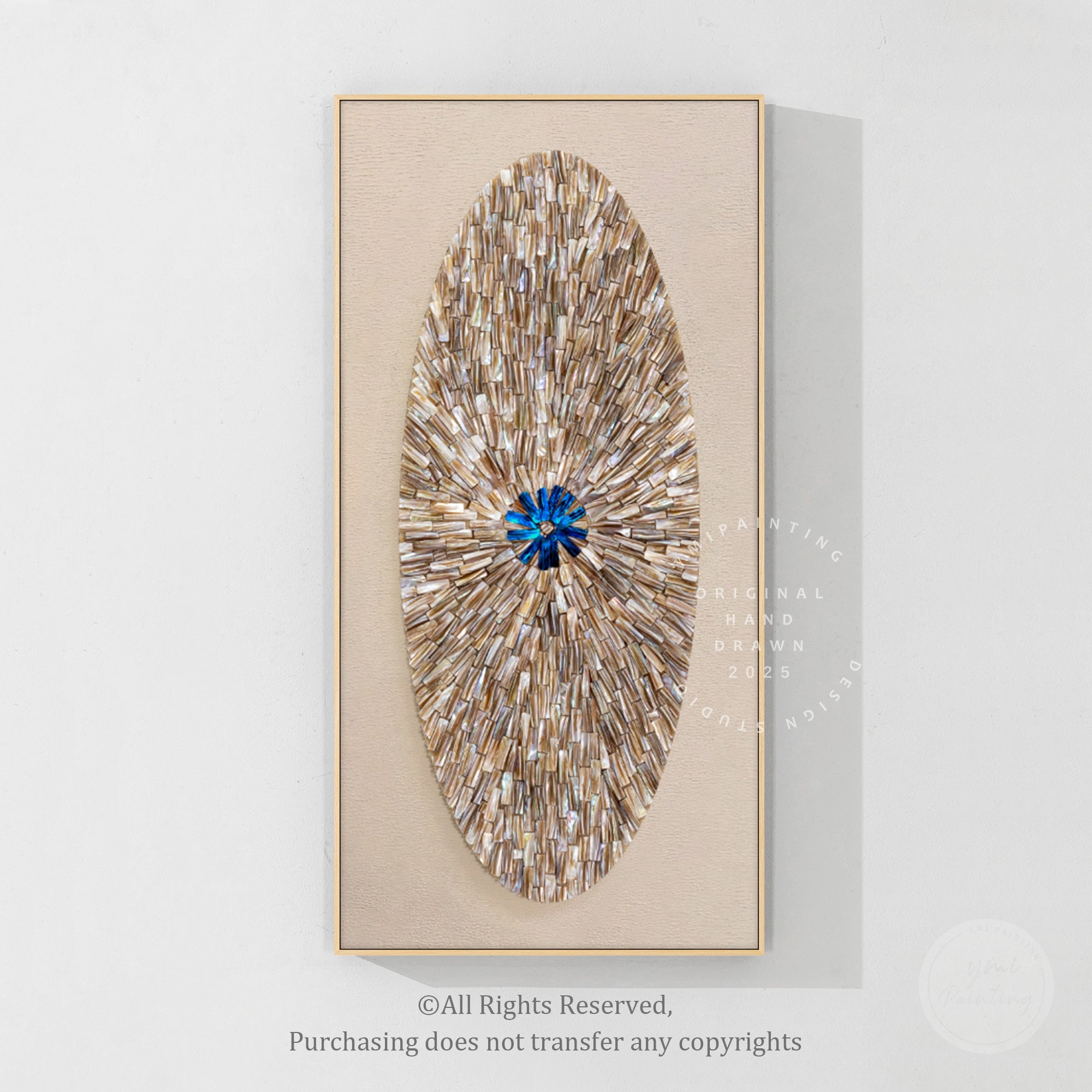 Handmade seashell canvas art with layered shell details and minimalist beige design for living room decoration
