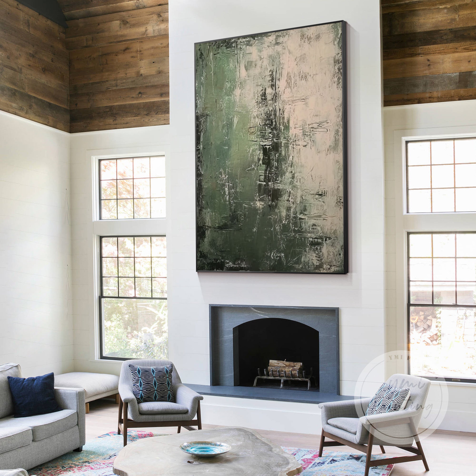 grande decoração de parede neutra para sala de estar