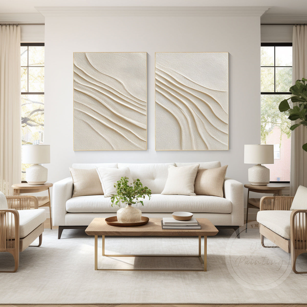 Beige textured plaster wall art set with organic shapes