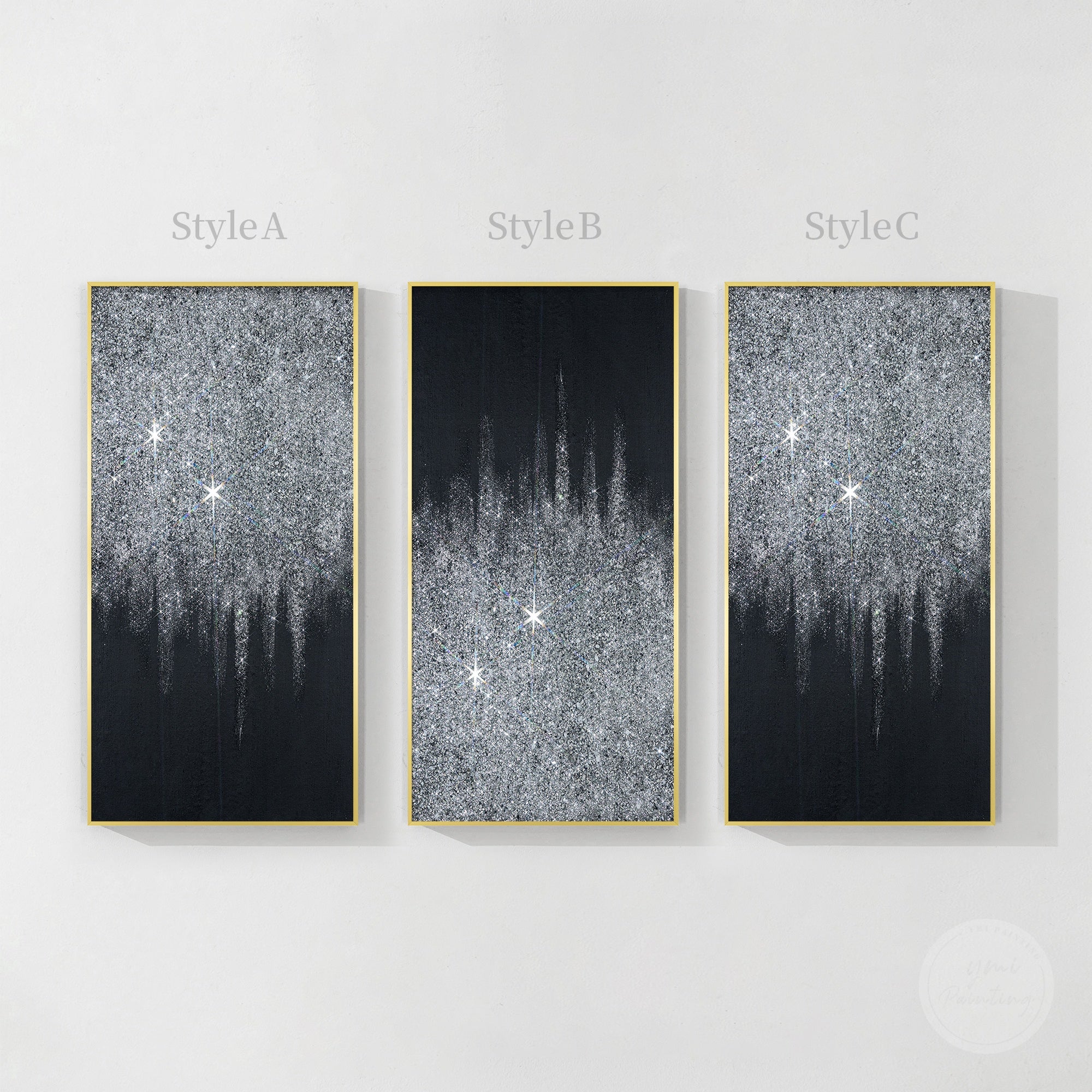 Modern textured wall art with silver glitter accents and crushed glass details creating a glamorous visual effect