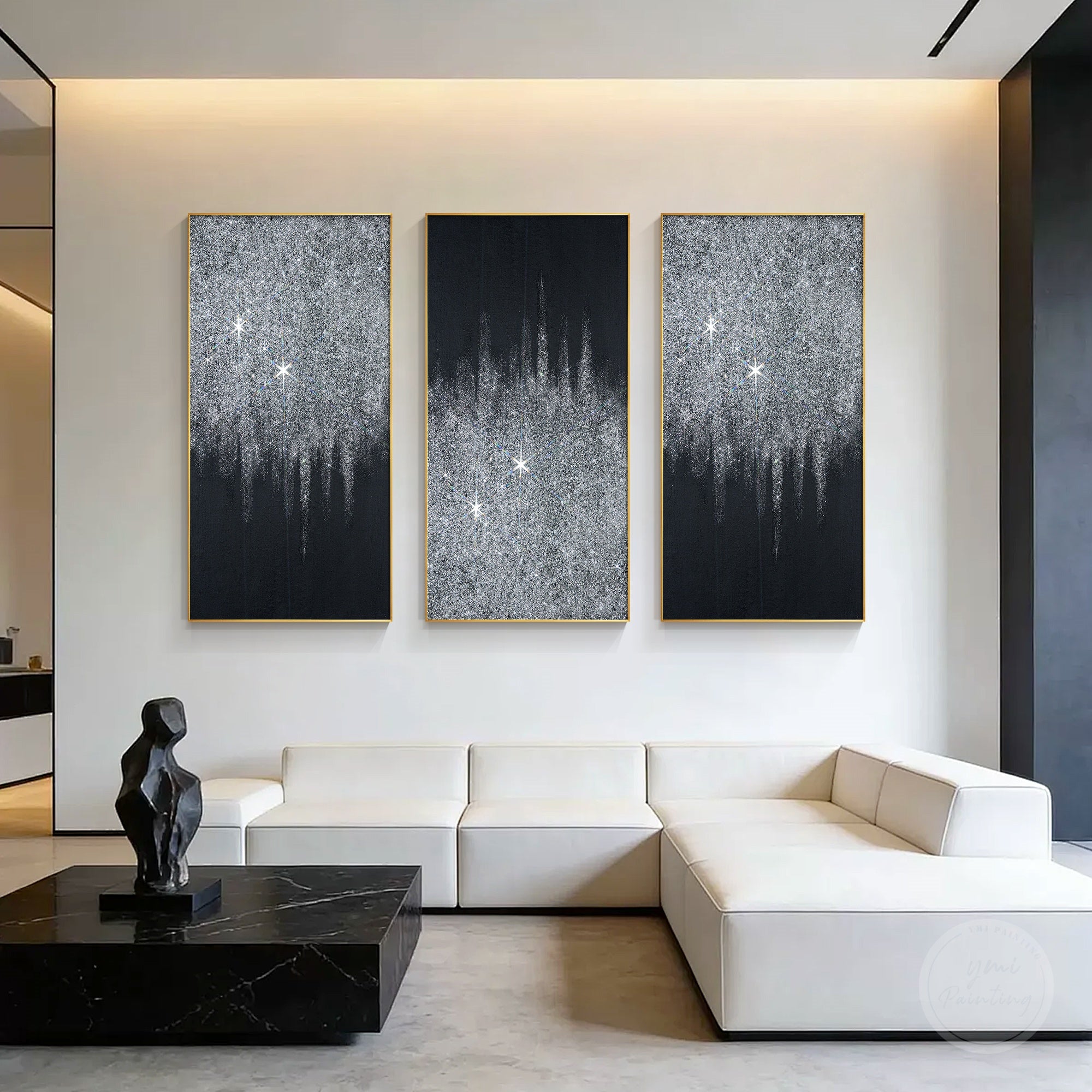 Contemporary glitter wall art featuring silver sparkle effects, black background, and handcrafted textured finish