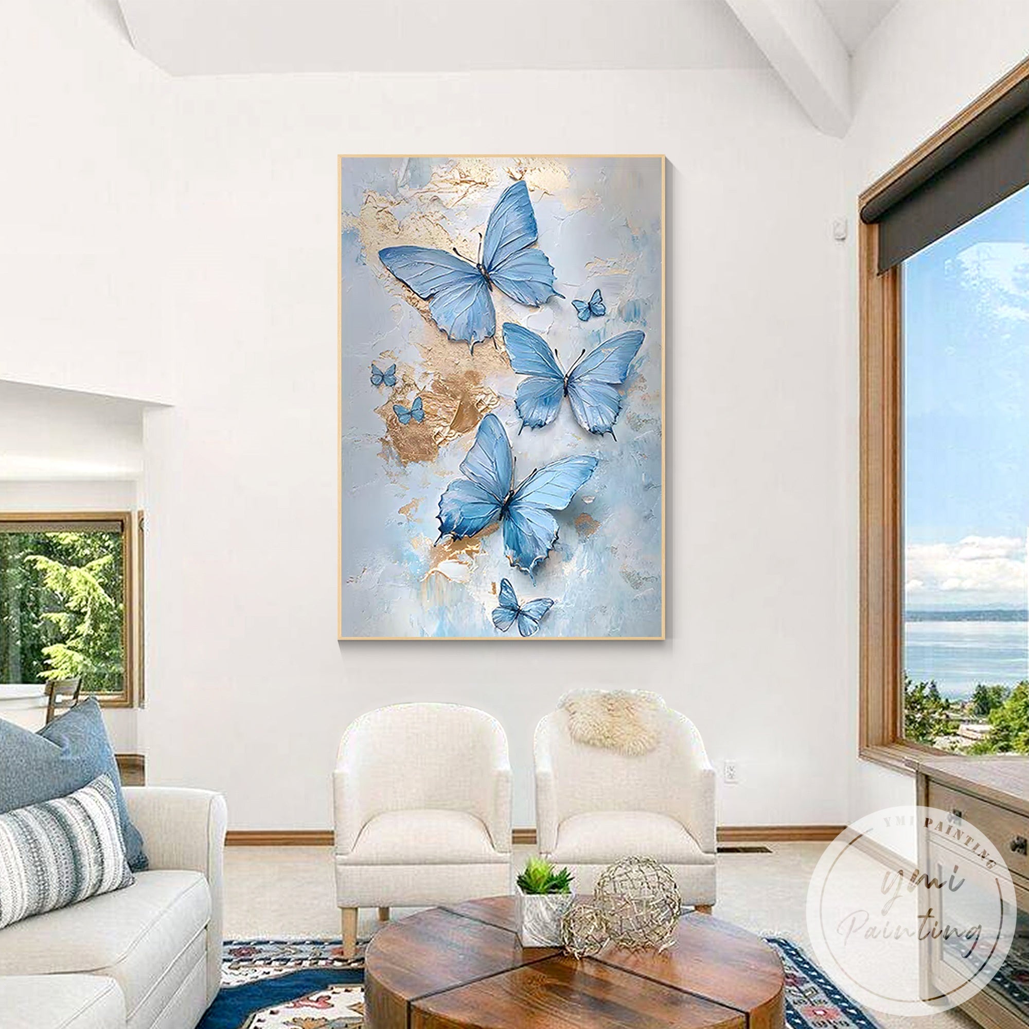 Blue textured butterfly wall art for contemporary bedroom design