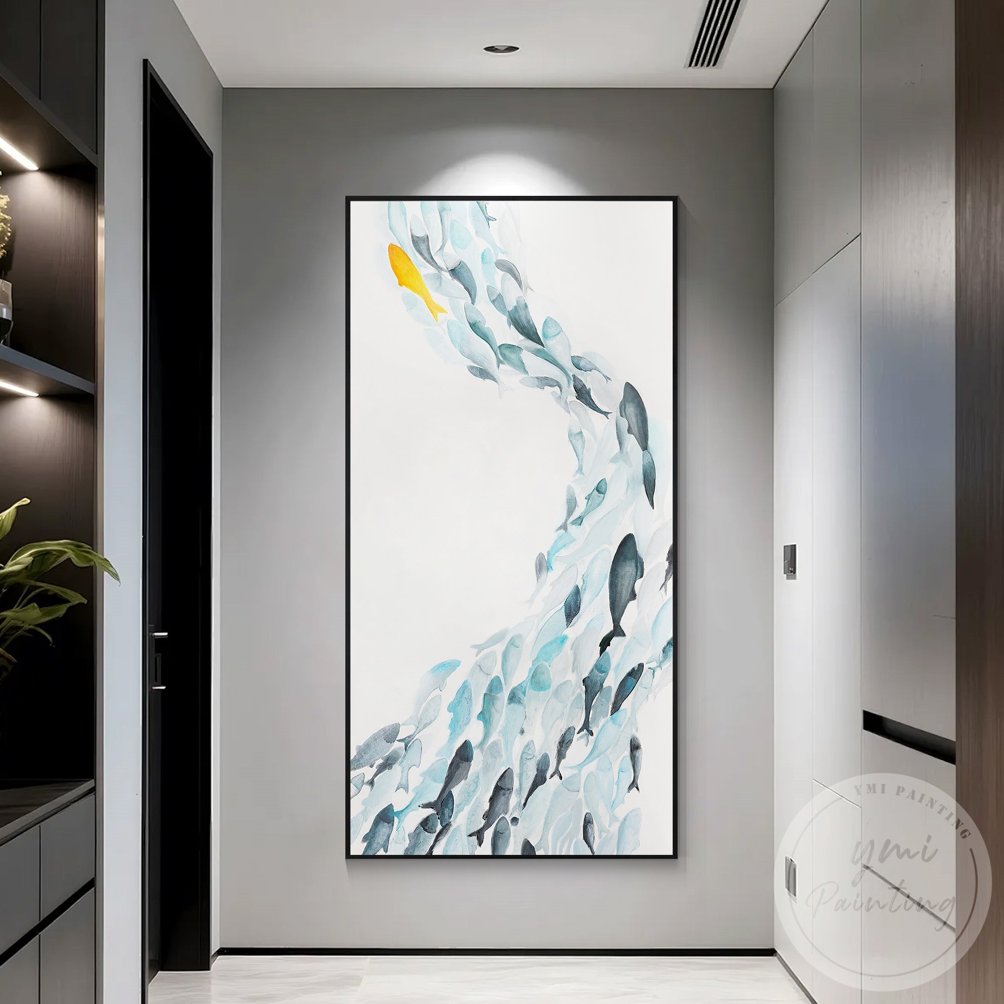Abstract blue fish wall art for living room interior