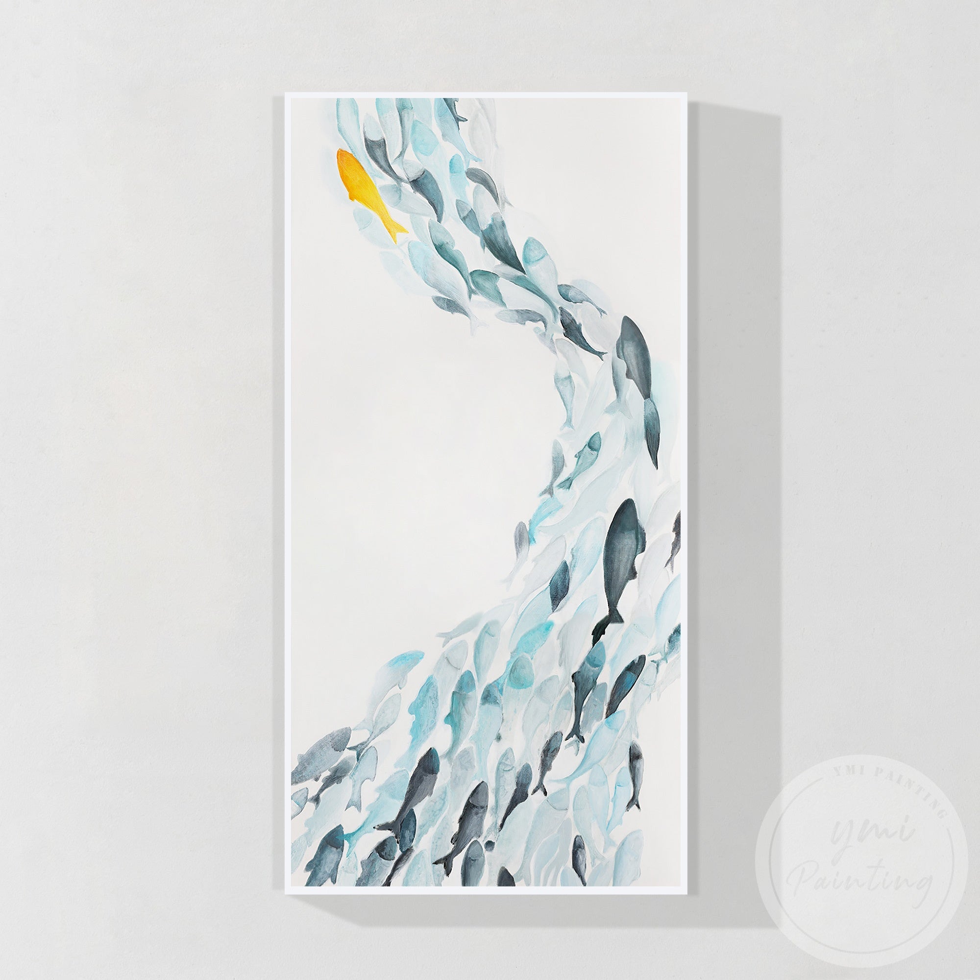 Modern abstract ocean wall art with blue fish design