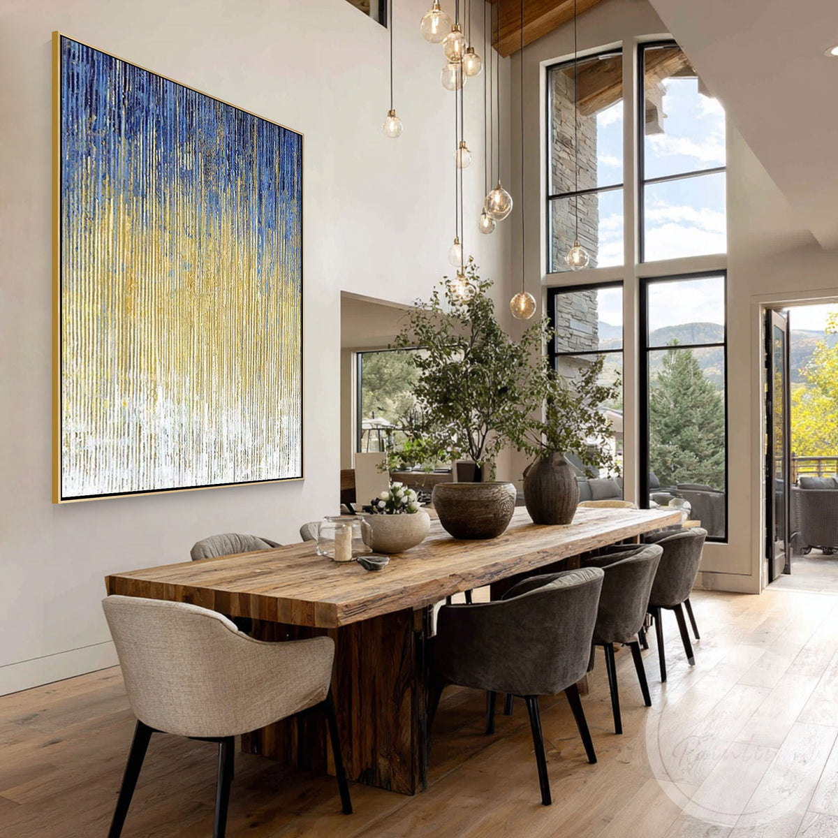 Hand painted blue gold abstract canvas artwork