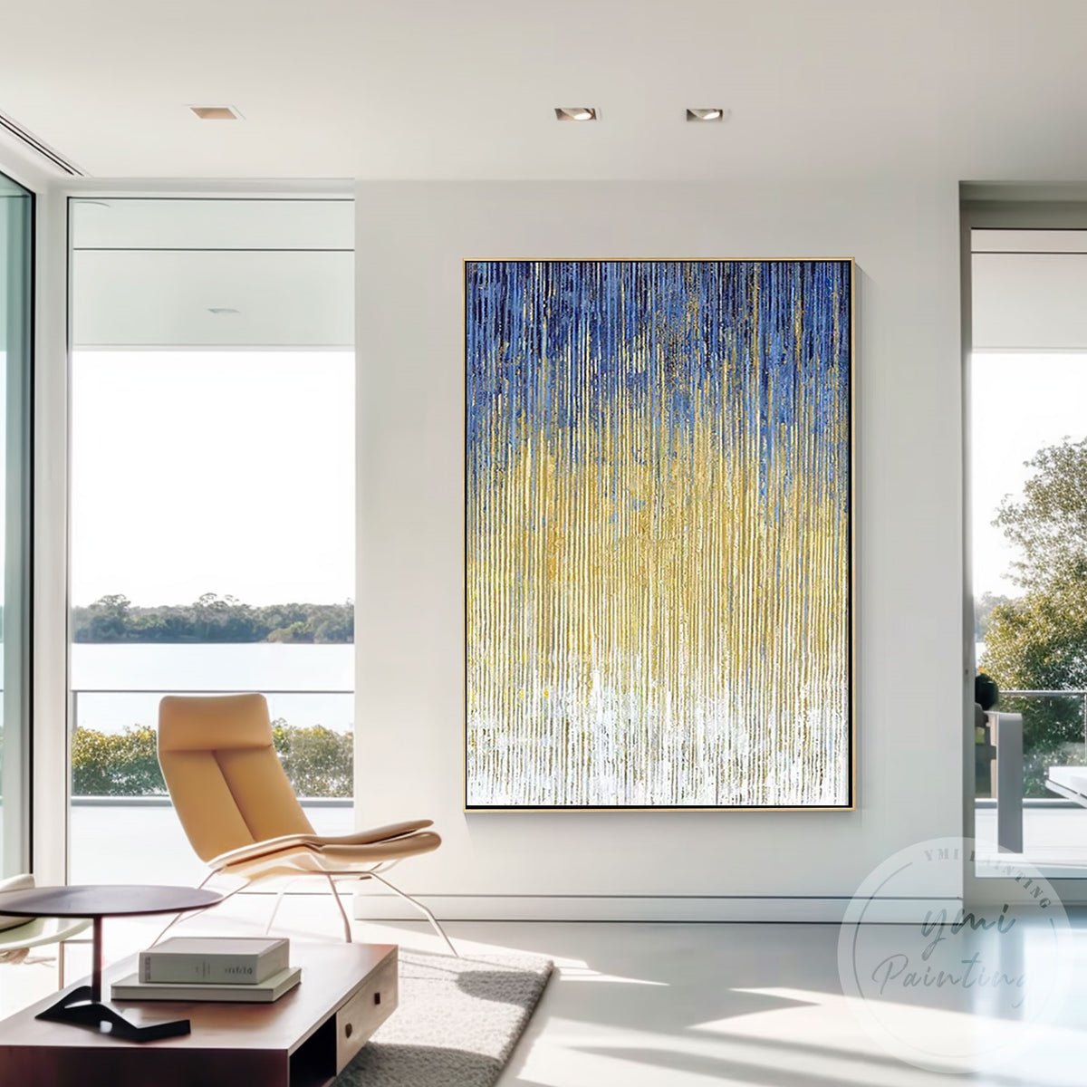 Metallic gold abstract painting with blue tones