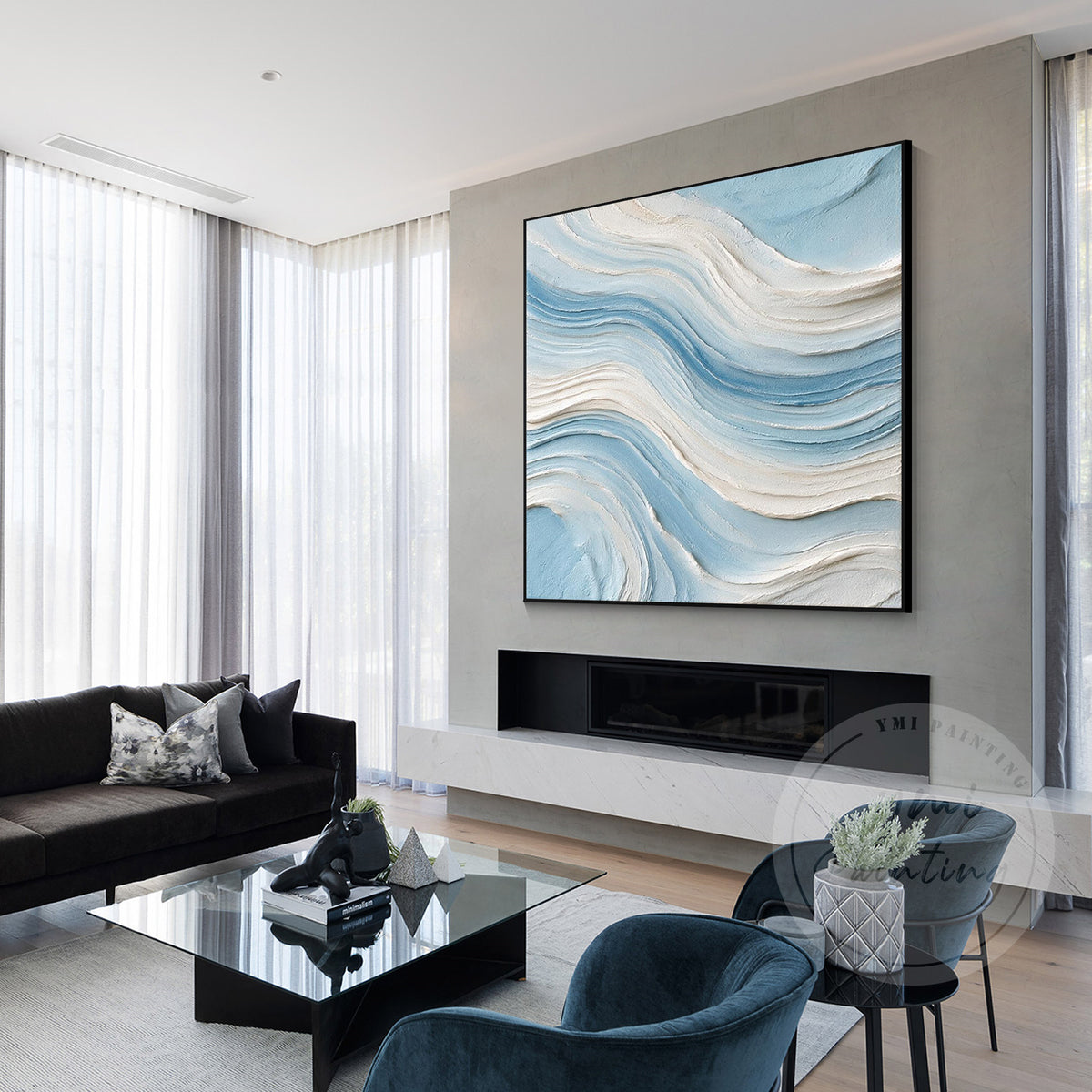 Blue and neutral abstract wave painting for coastal decor