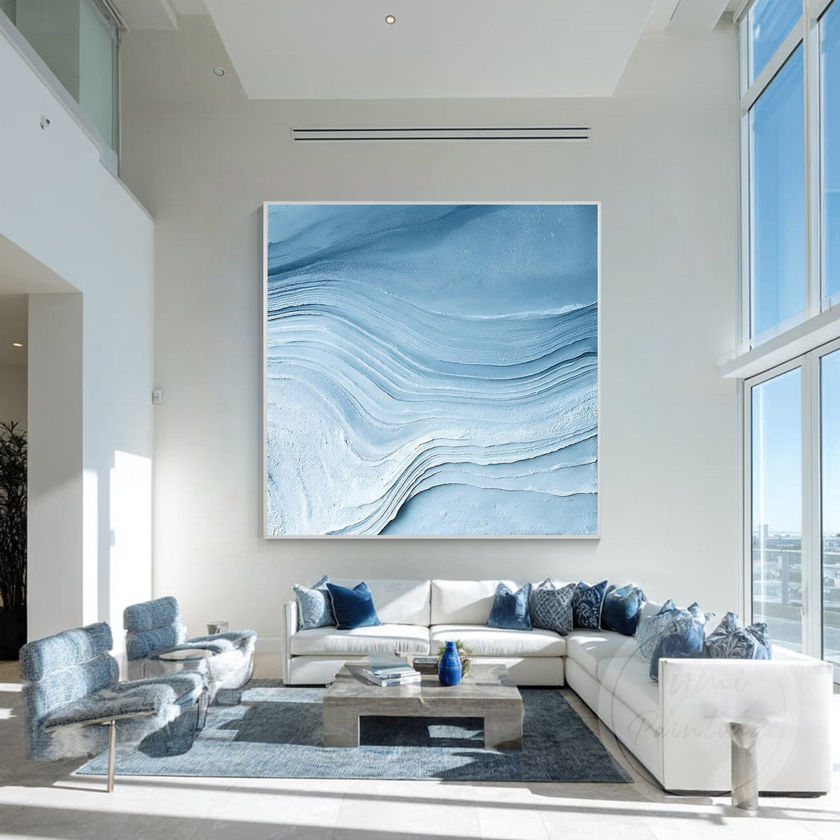 Blue ocean abstract wall art with textured wave brushwork