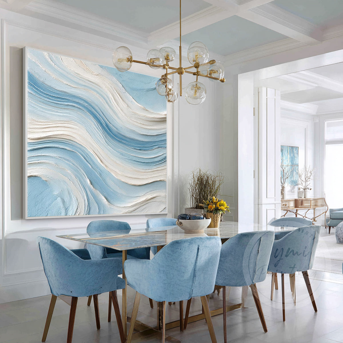 Blue abstract ocean wave wall art on textured canvas