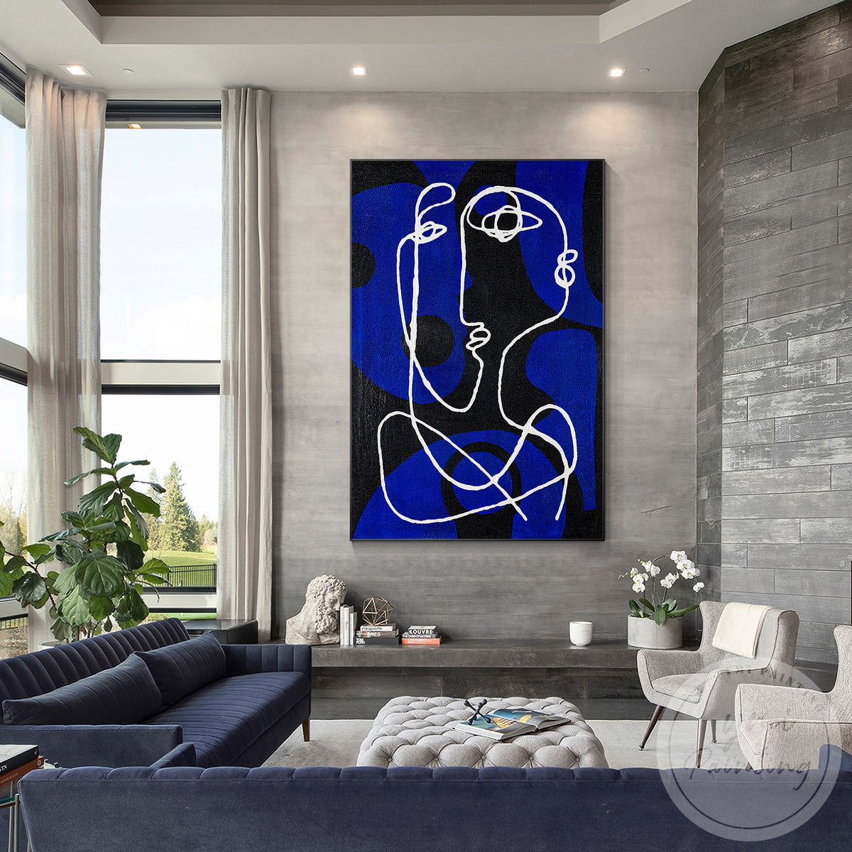 Textured blue canvas painting inspired by Picasso-style artwork