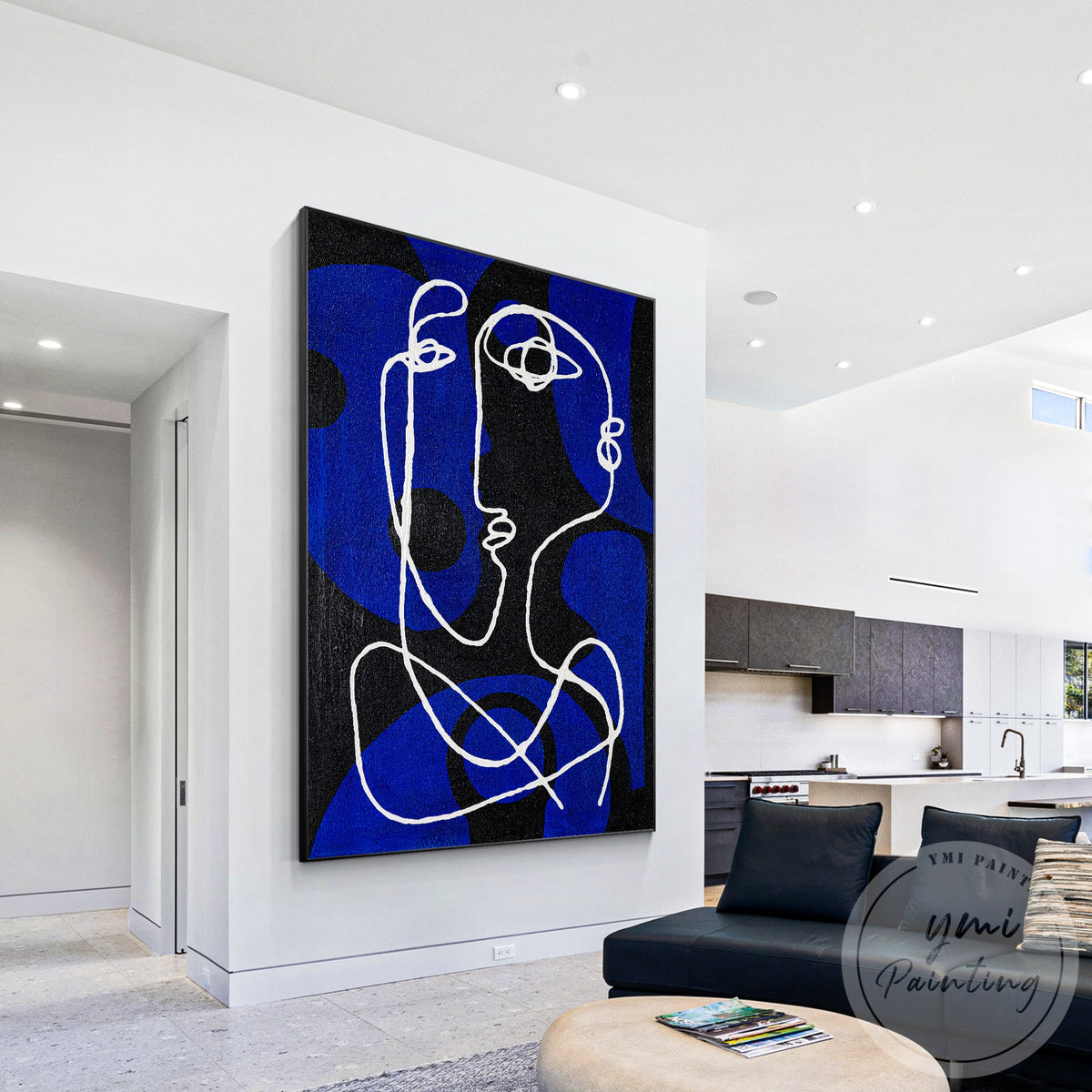 Minimalist blue abstract line art wall decor for modern interiors