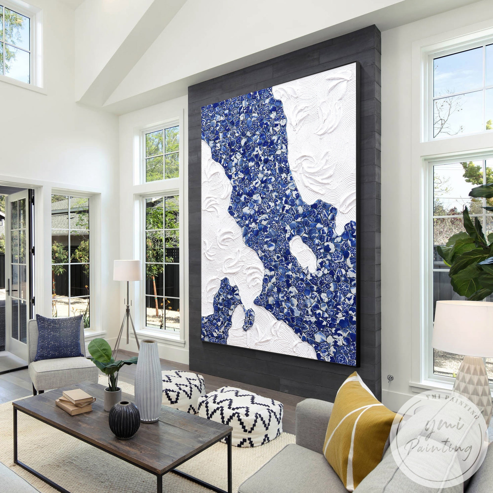 Blue and white wabi sabi style ceramic wall art painting