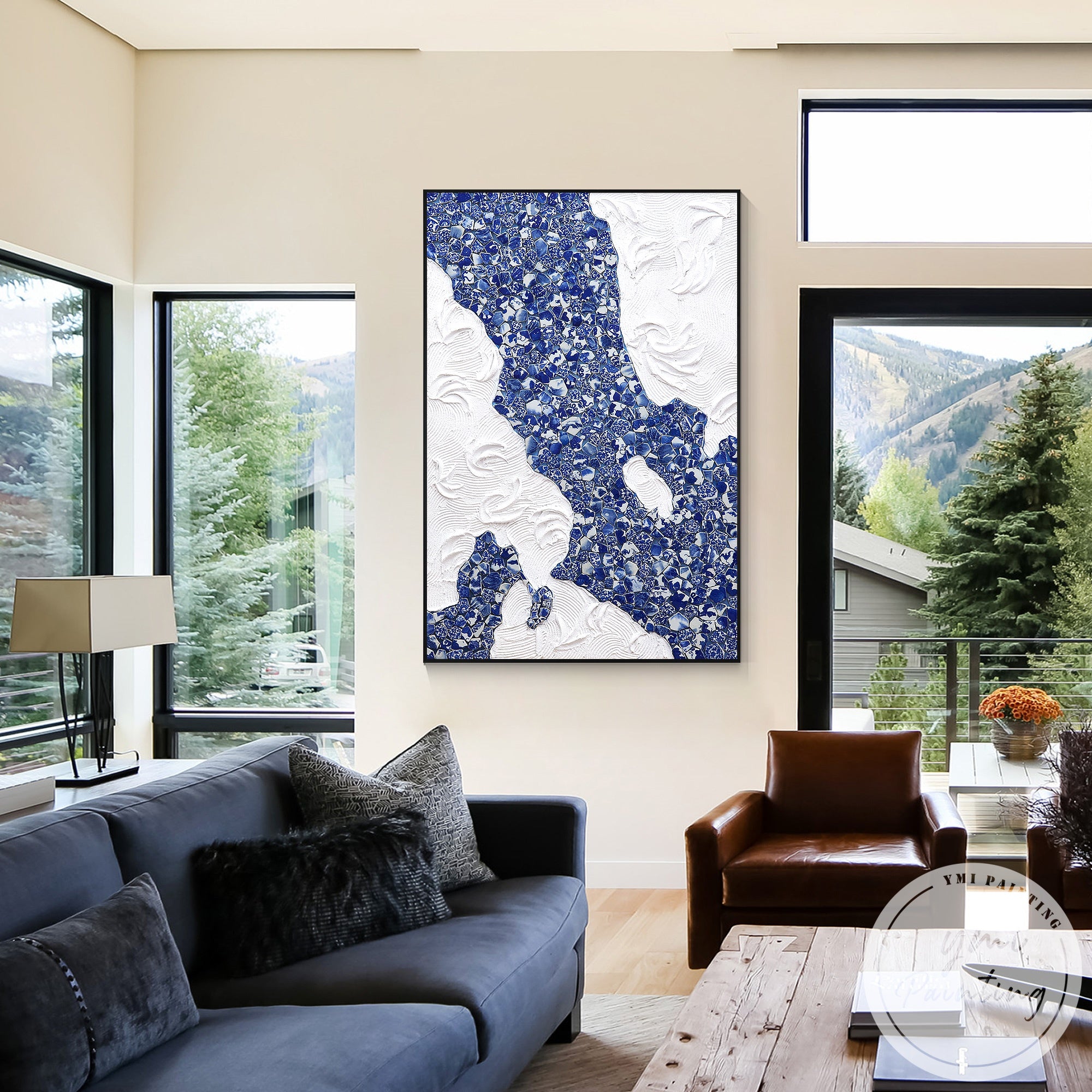 Elegant abstract ceramic collage canvas in blue white tones