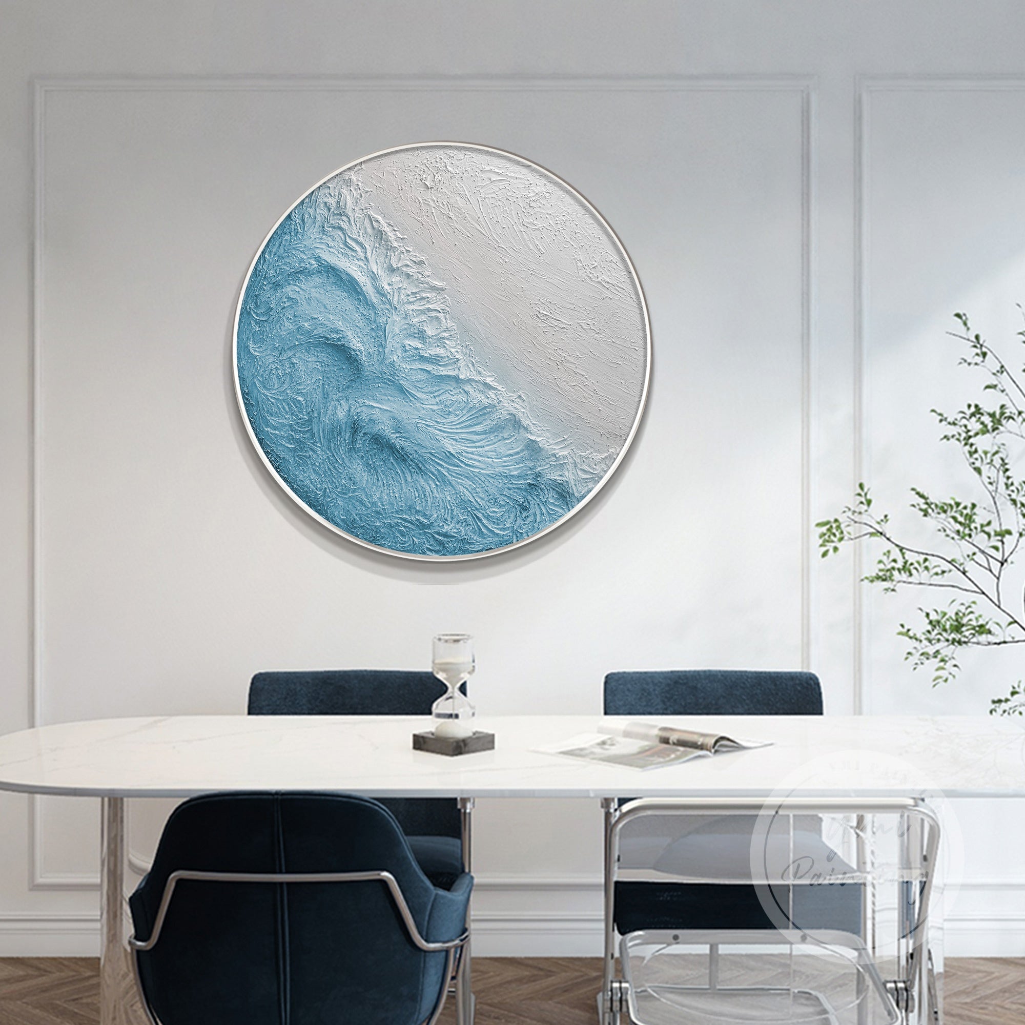 Round abstract oil painting with textured blue waves and gradient effect