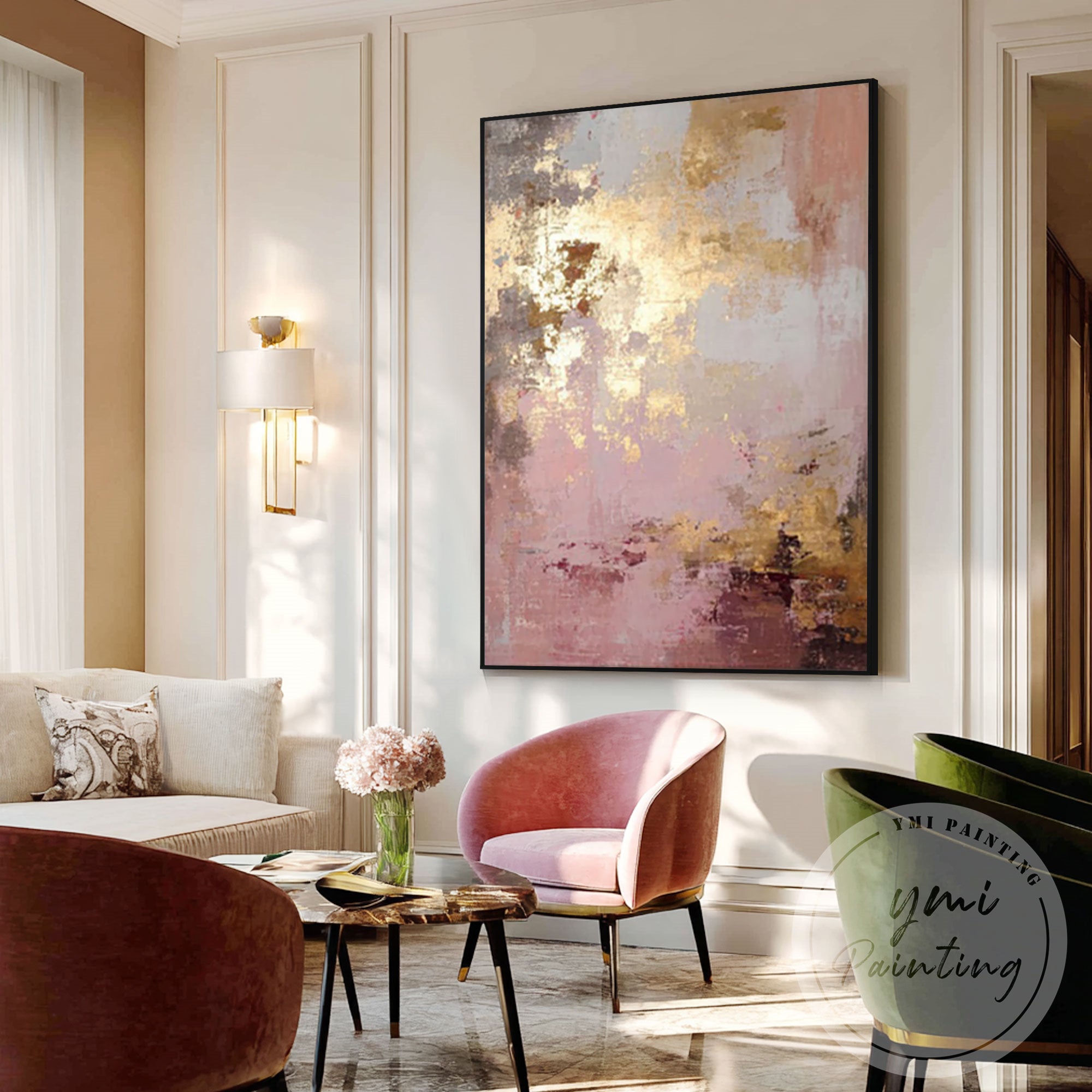 Modern minimalist canvas art in pink and gold tones