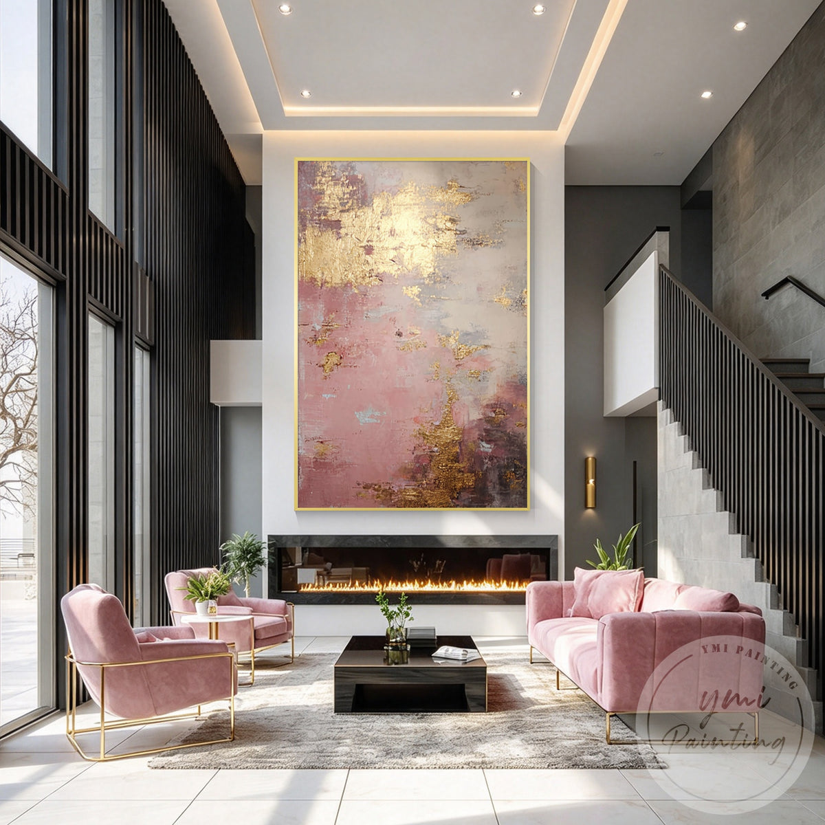 Mauve beige abstract painting with metallic gold accents