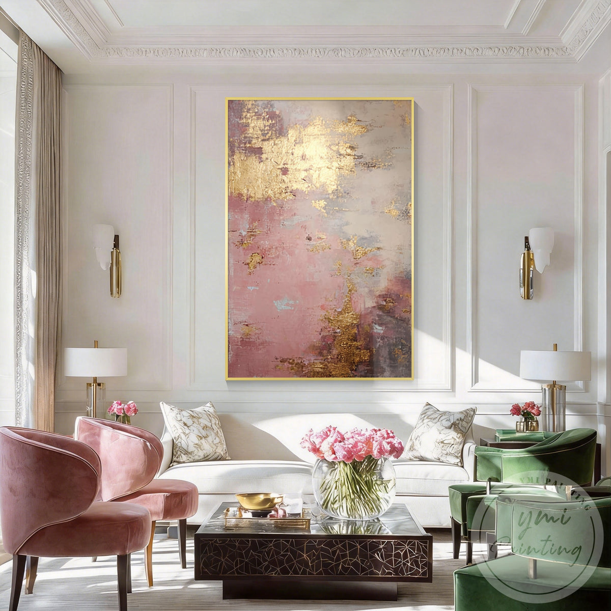 Luxury blush pink gold wall art with raised textured brushwork