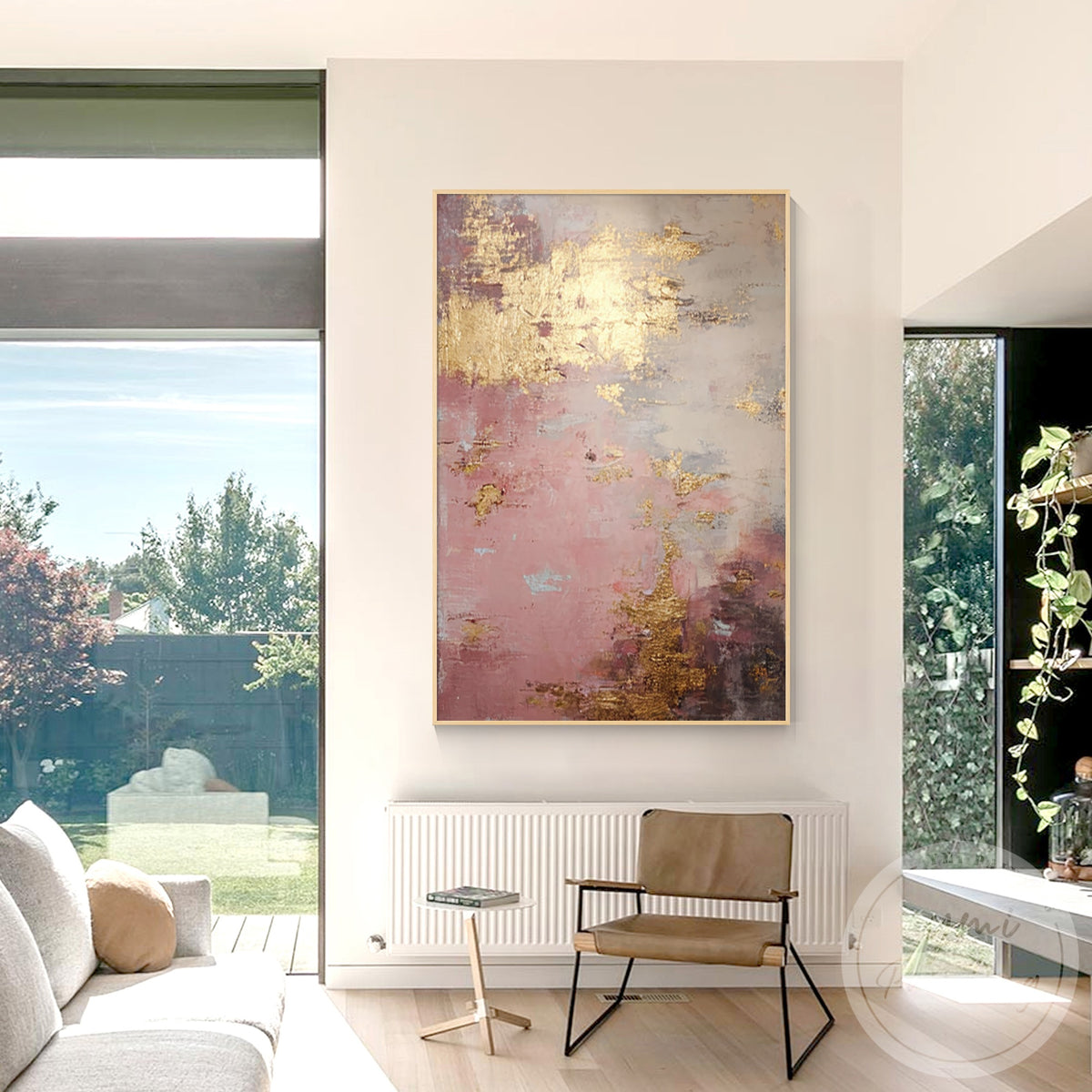Textured pink and gold abstract painting for modern living room decor