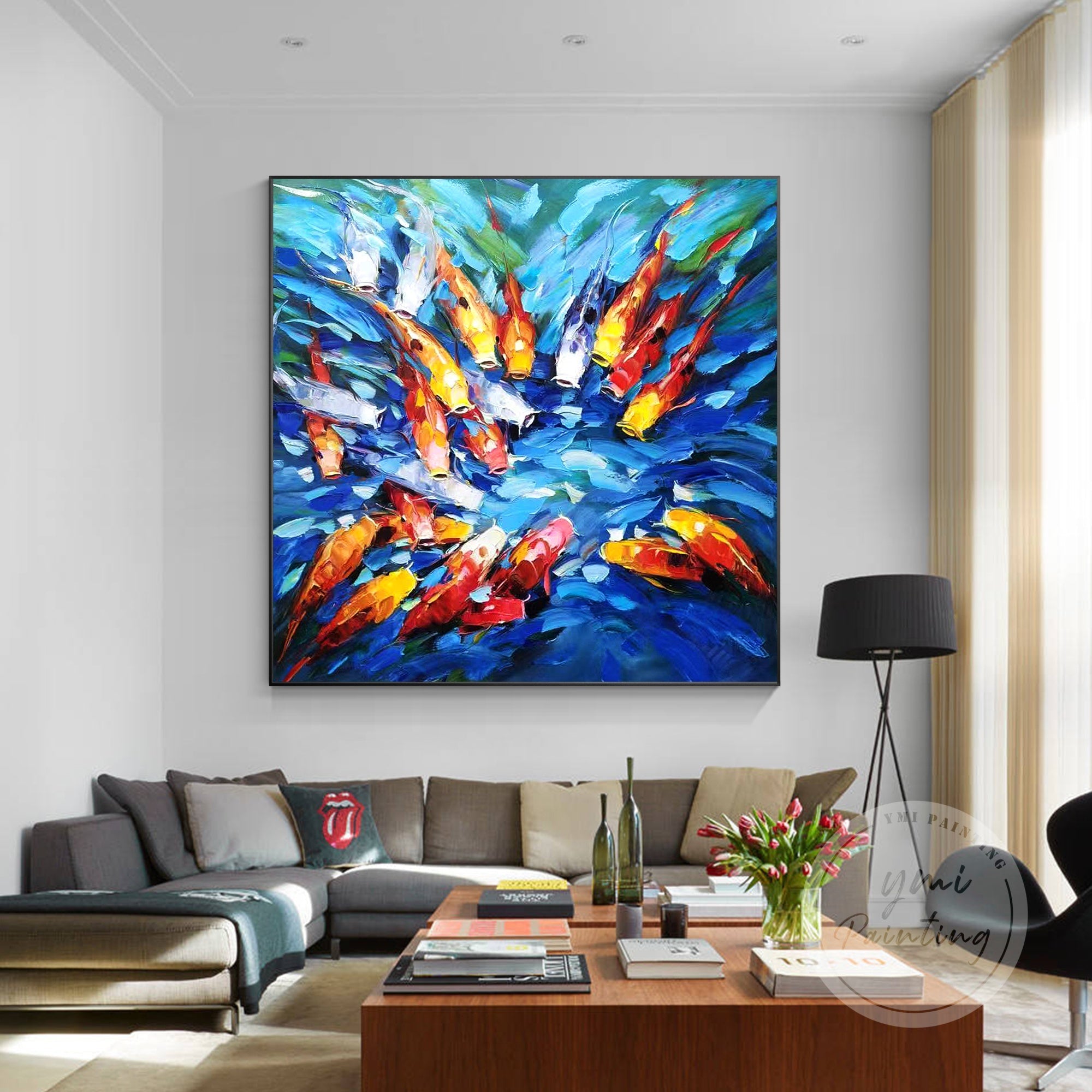 Bold abstract koi fish painting with textured brushstrokes on a large canvas.
