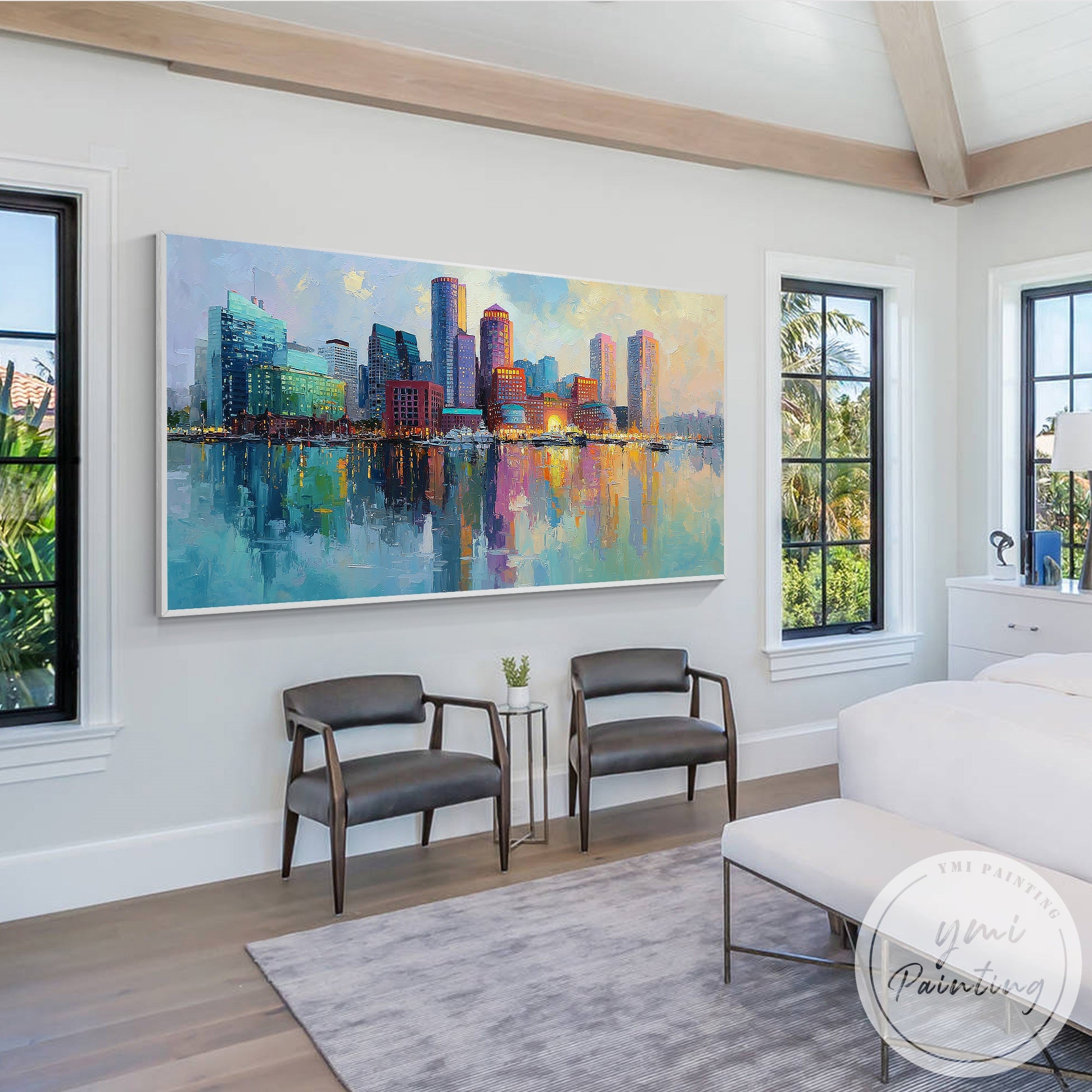 Oversized city skyline artwork Boston wall decor for office