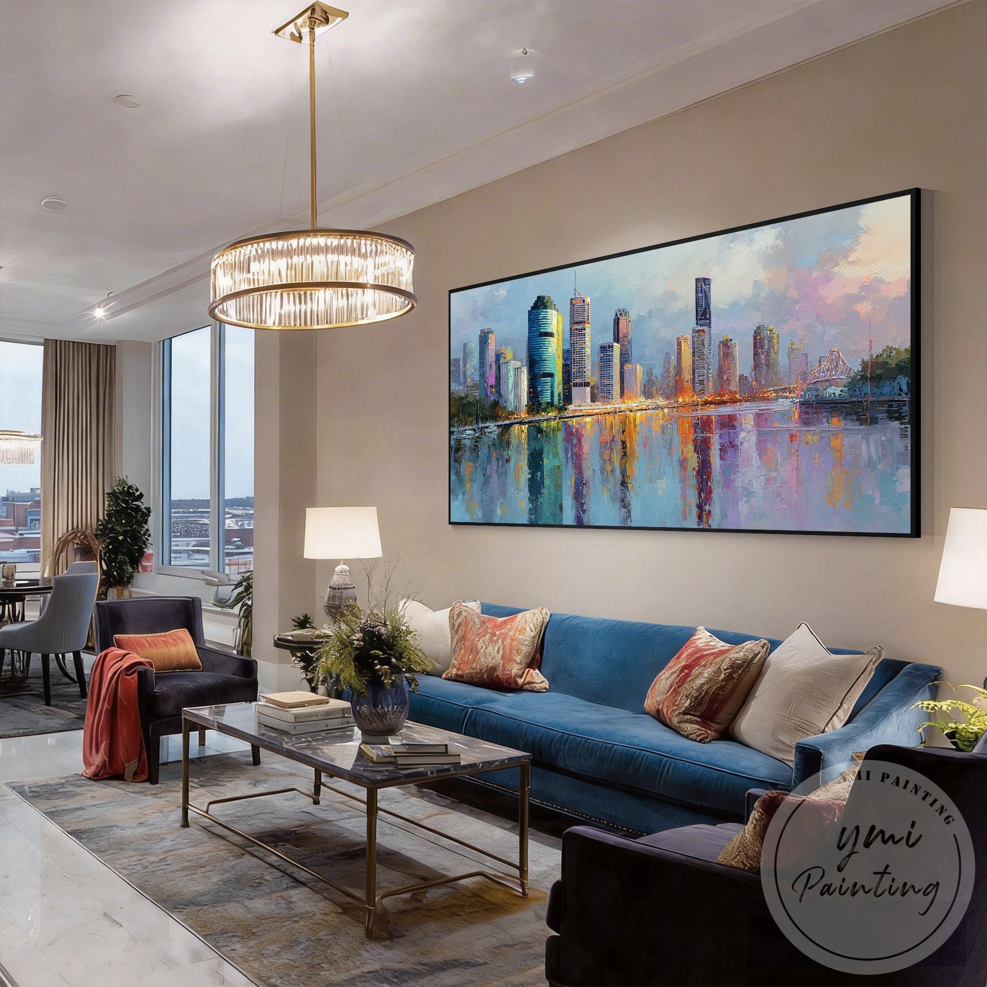 Impressionist Brisbane cityscape wall art river reflection decor