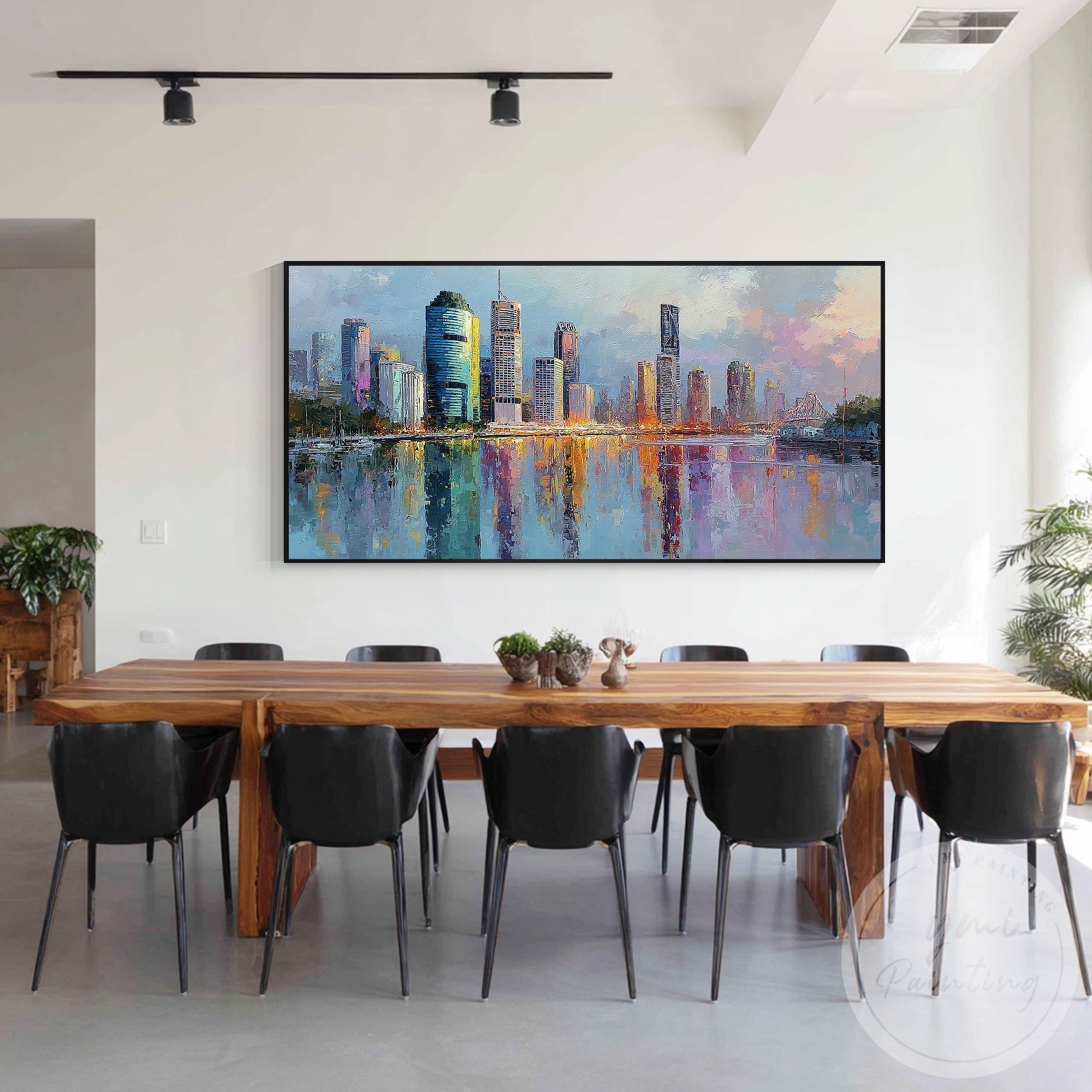 Hand painted river reflection cityscape Brisbane artwork canvas