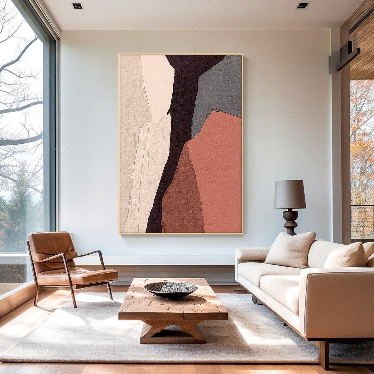 Hand-painted terracotta abstract textured wall art, full front view