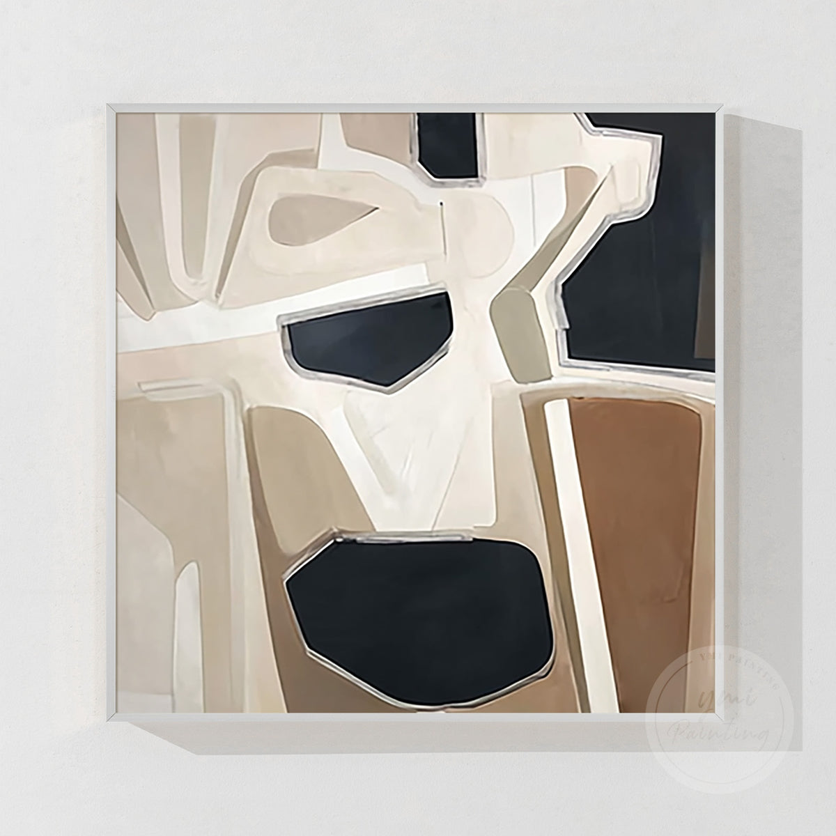 Camel brown and charcoal black geometric abstract painting, detail shot