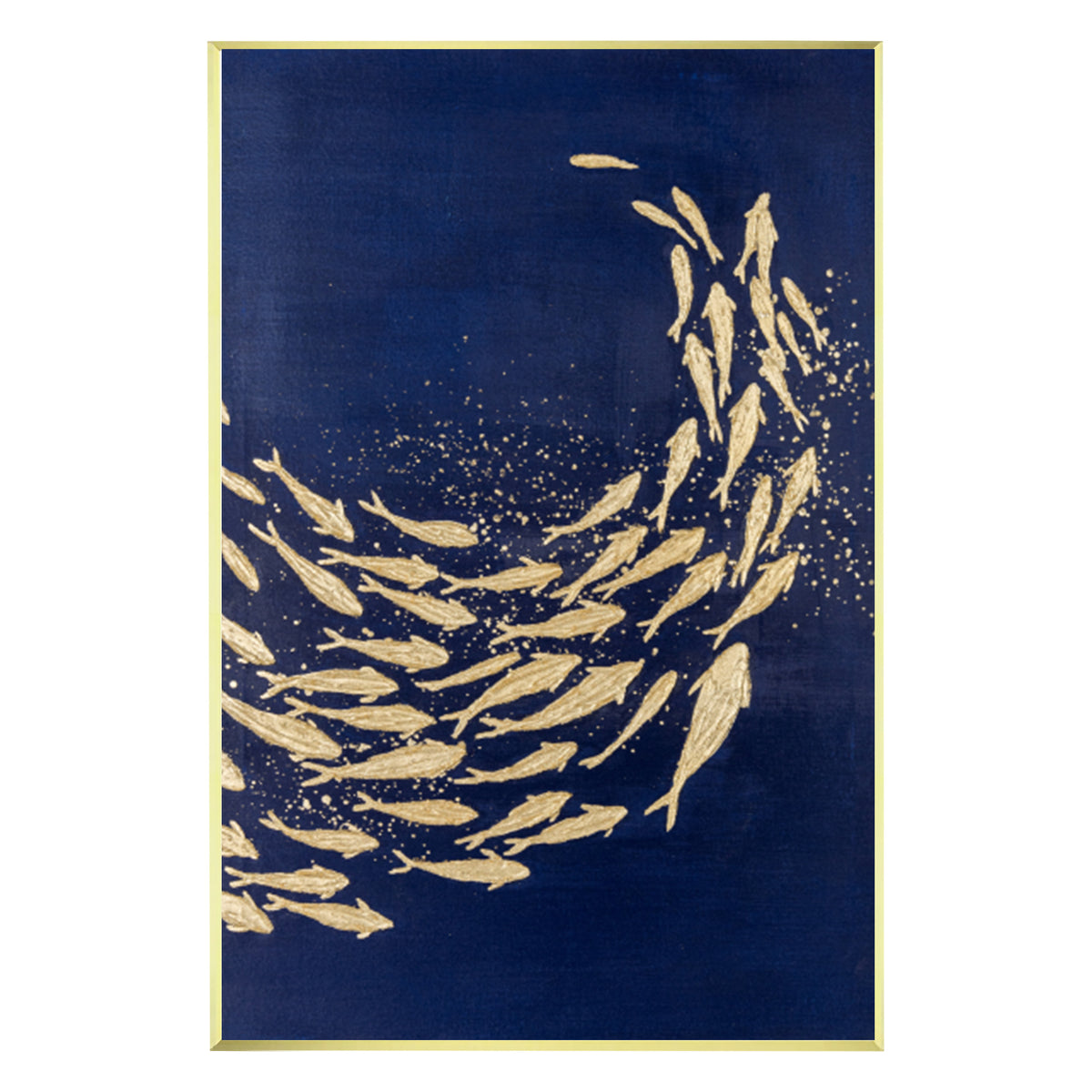 Gold foil fish abstract painting dark blue 3D textured canvas