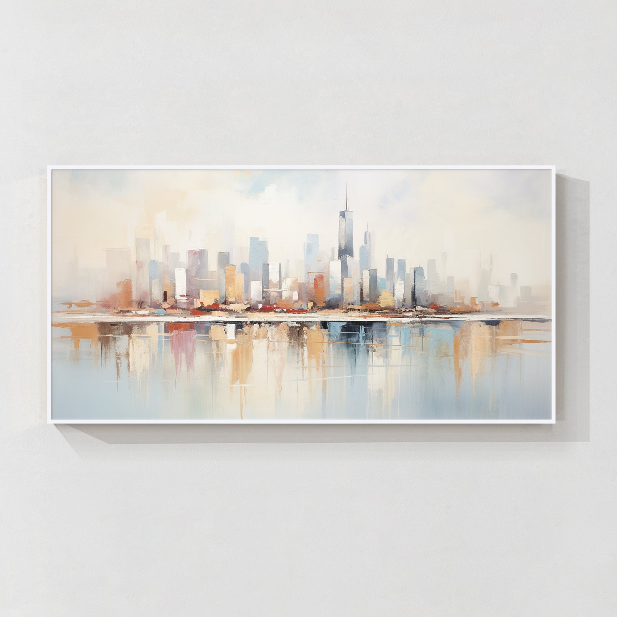Abstract Chicago skyline wall art with soft reflections for modern living room decor