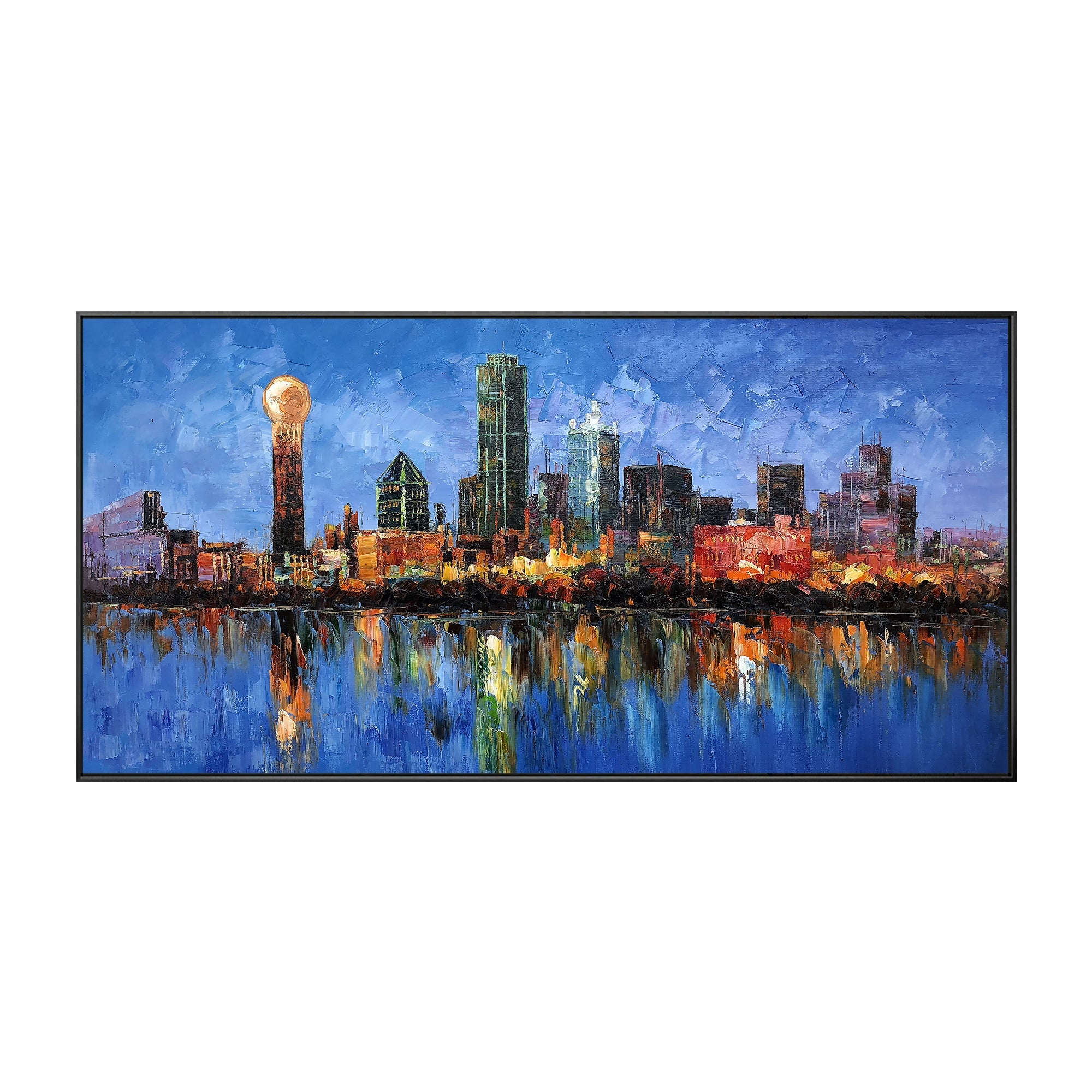 Original oil painting of Dallas city skyline, large framed canvas art ideal for modern decor.