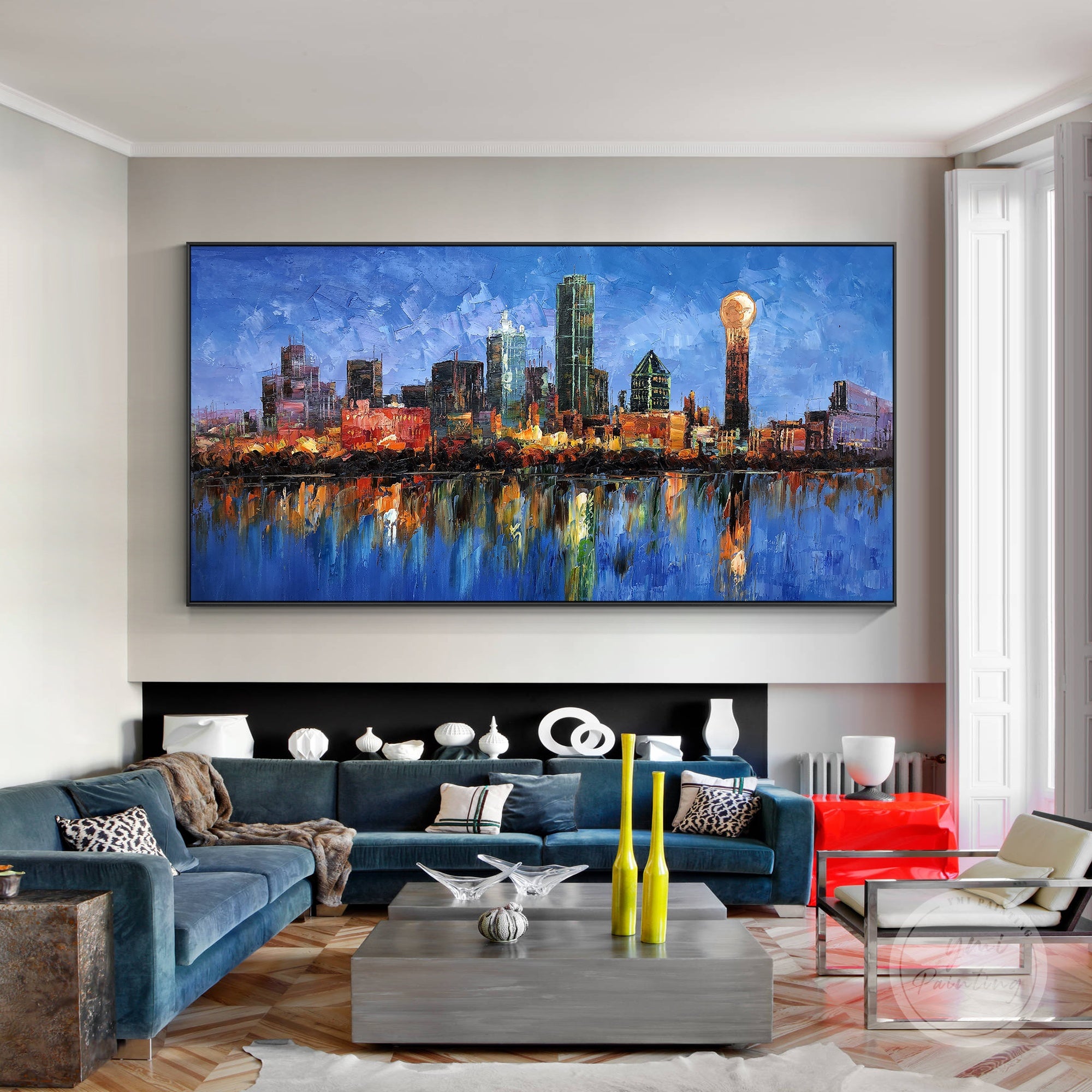 Extra-large oil painting of Dallas skyline, framed canvas art showcasing the energy of the city.