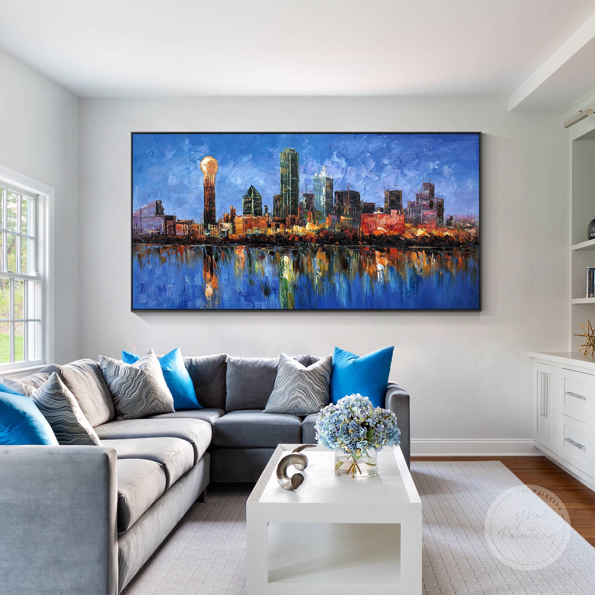 Dallas cityscape oil painting, with vibrant colors and intricate brushstrokes, perfect for large wall spaces.