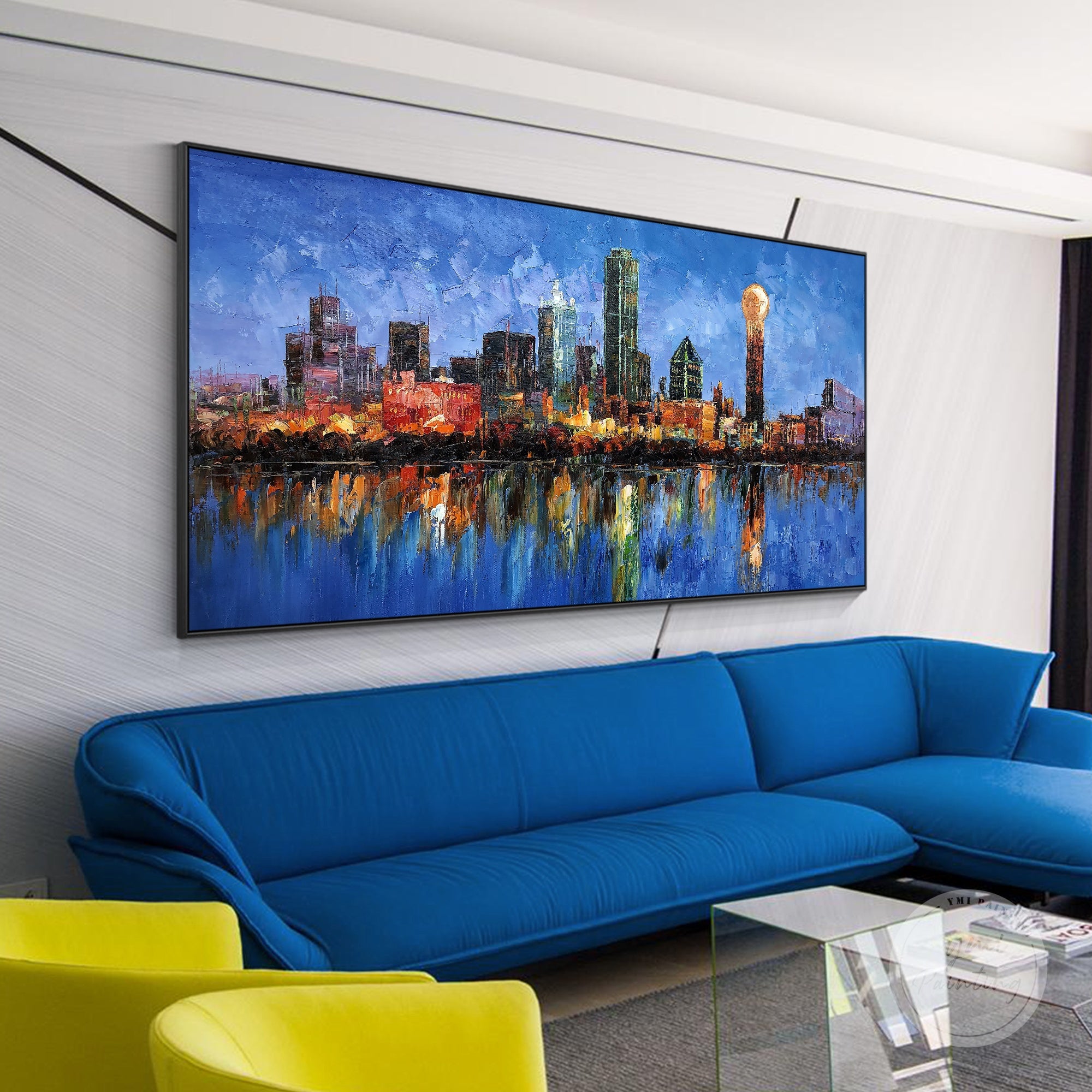 Extra-large framed Dallas cityscape painting, perfect for contemporary urban-themed interiors.