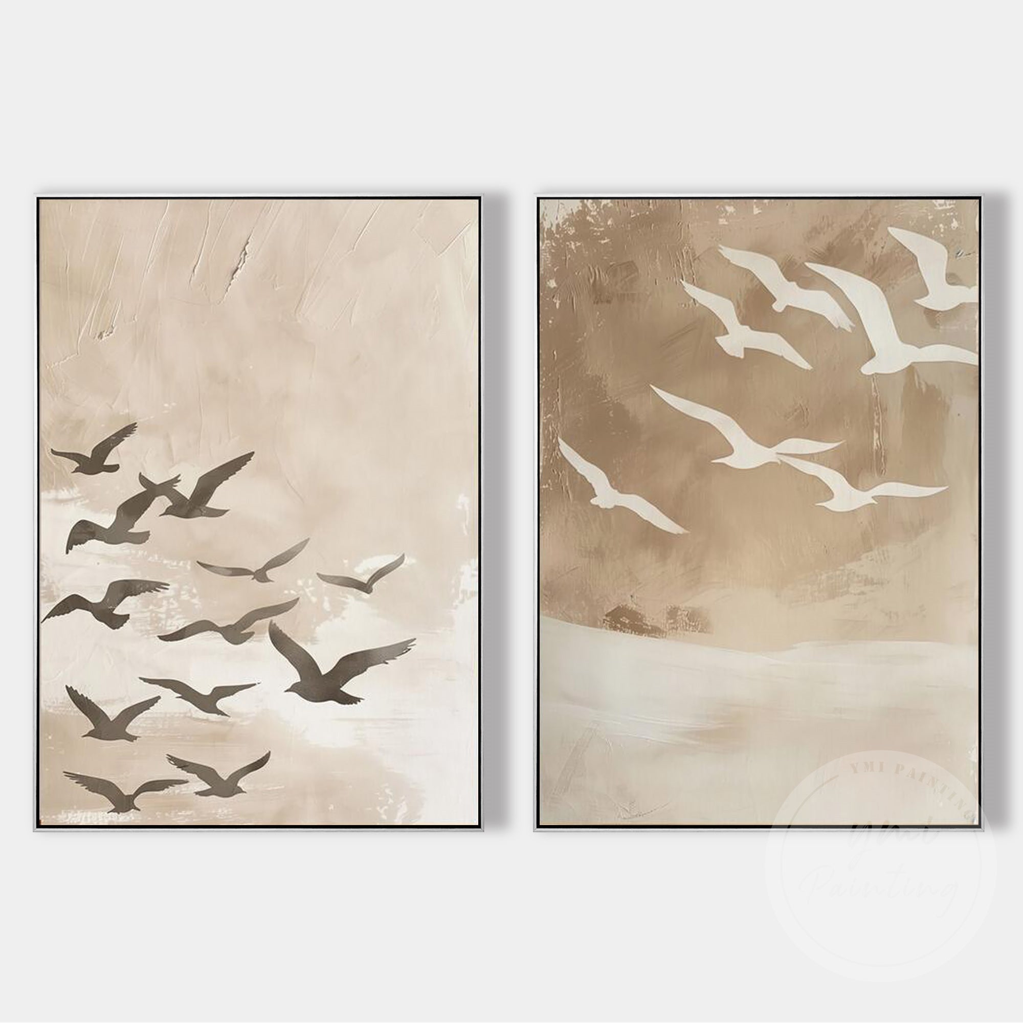Hand painted seaside bird wall art set of two canvases