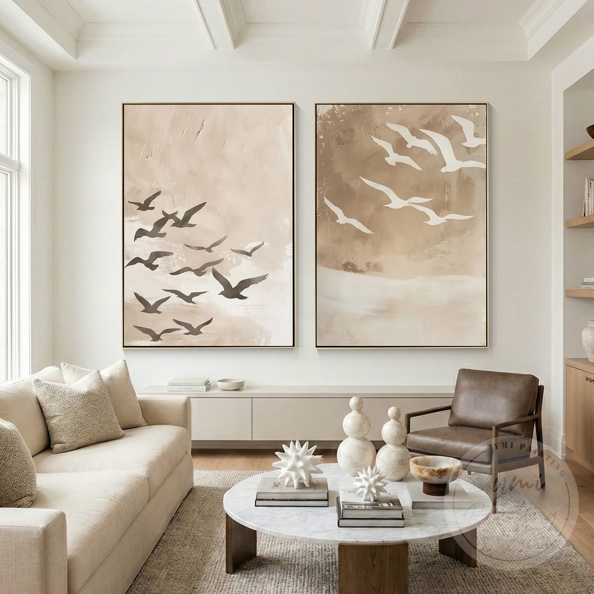 Hand painted wabi sabi seagull canvas wall decor