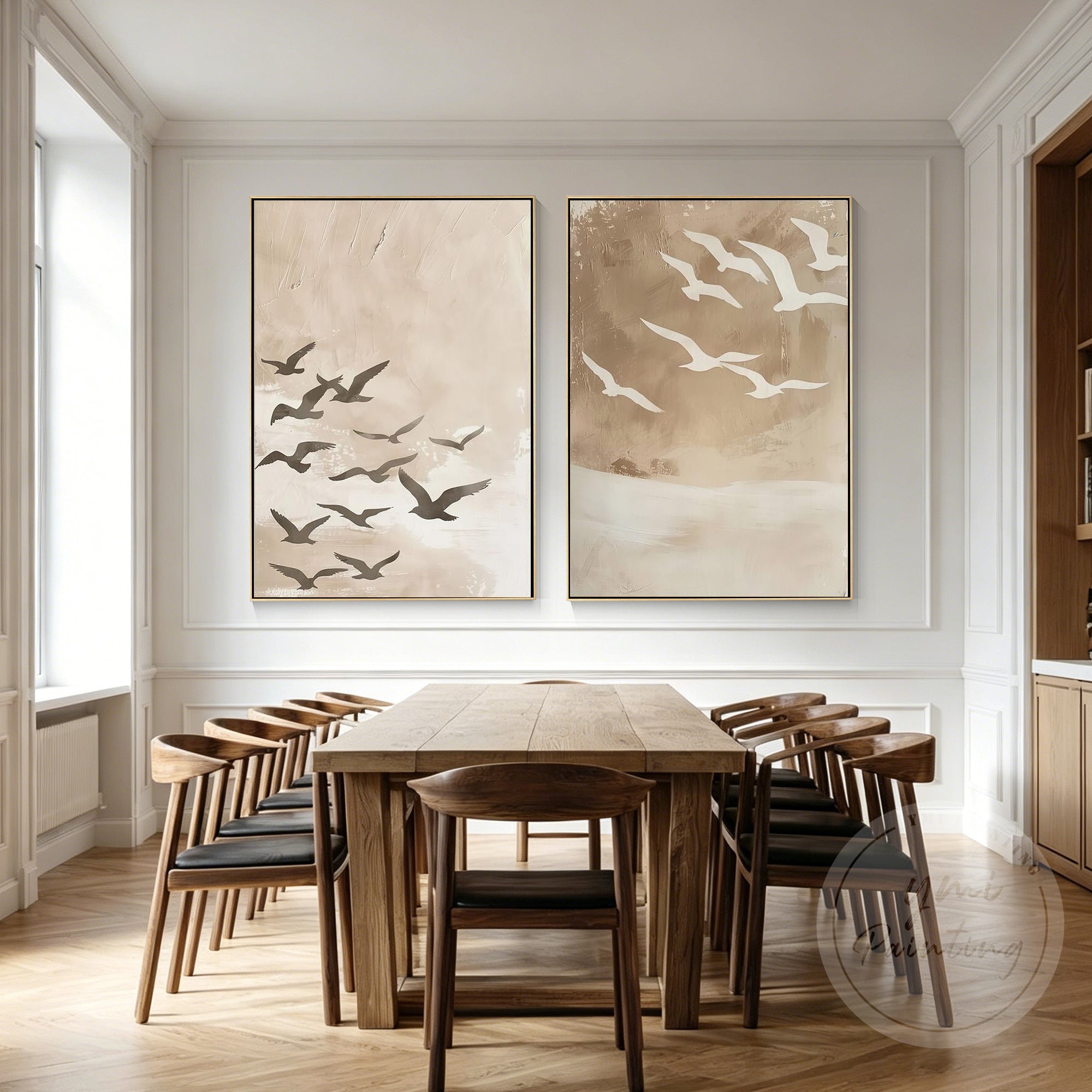 Beige minimalist seagull painting set for living room decor
