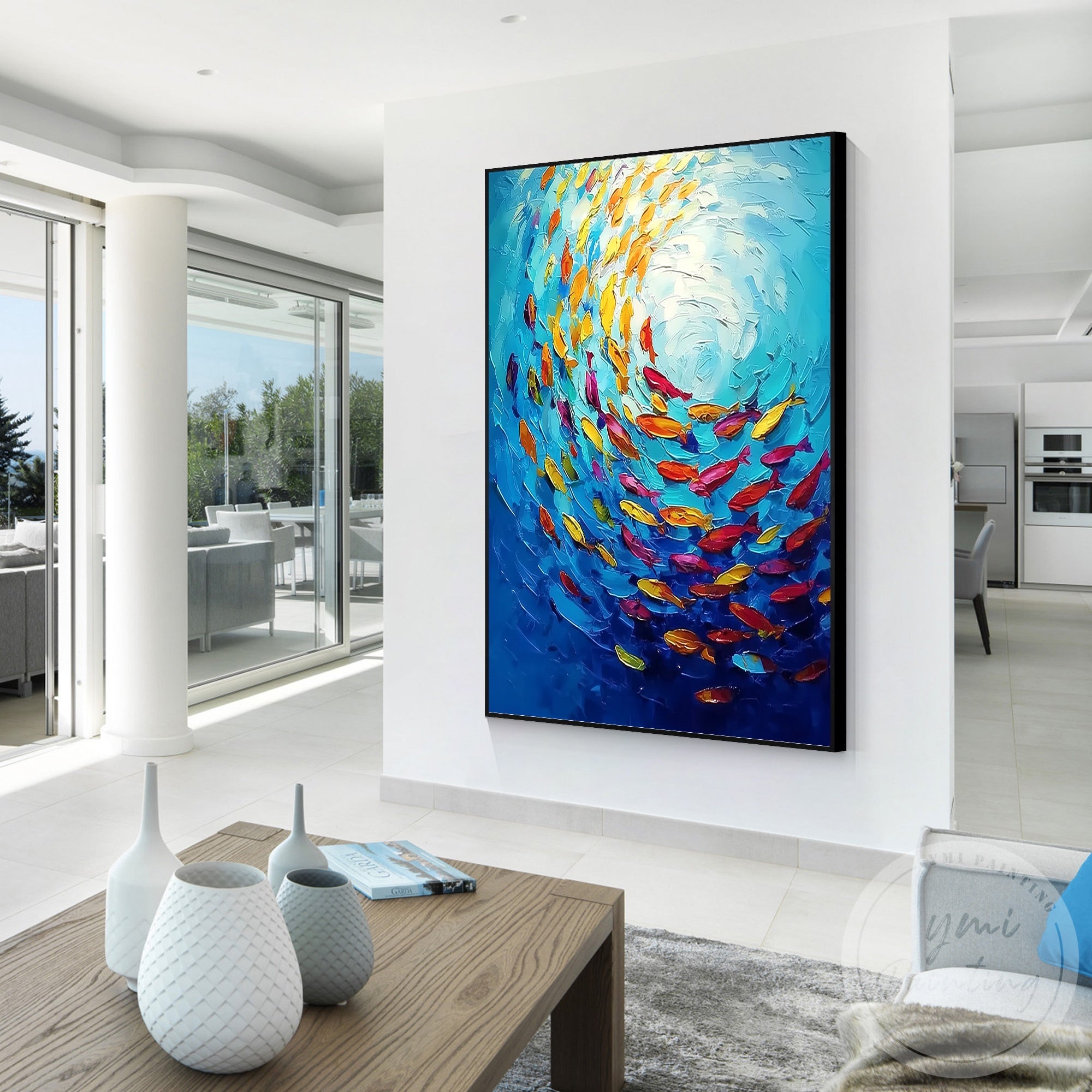 Hand painted school of fish vibrant marine wall decor