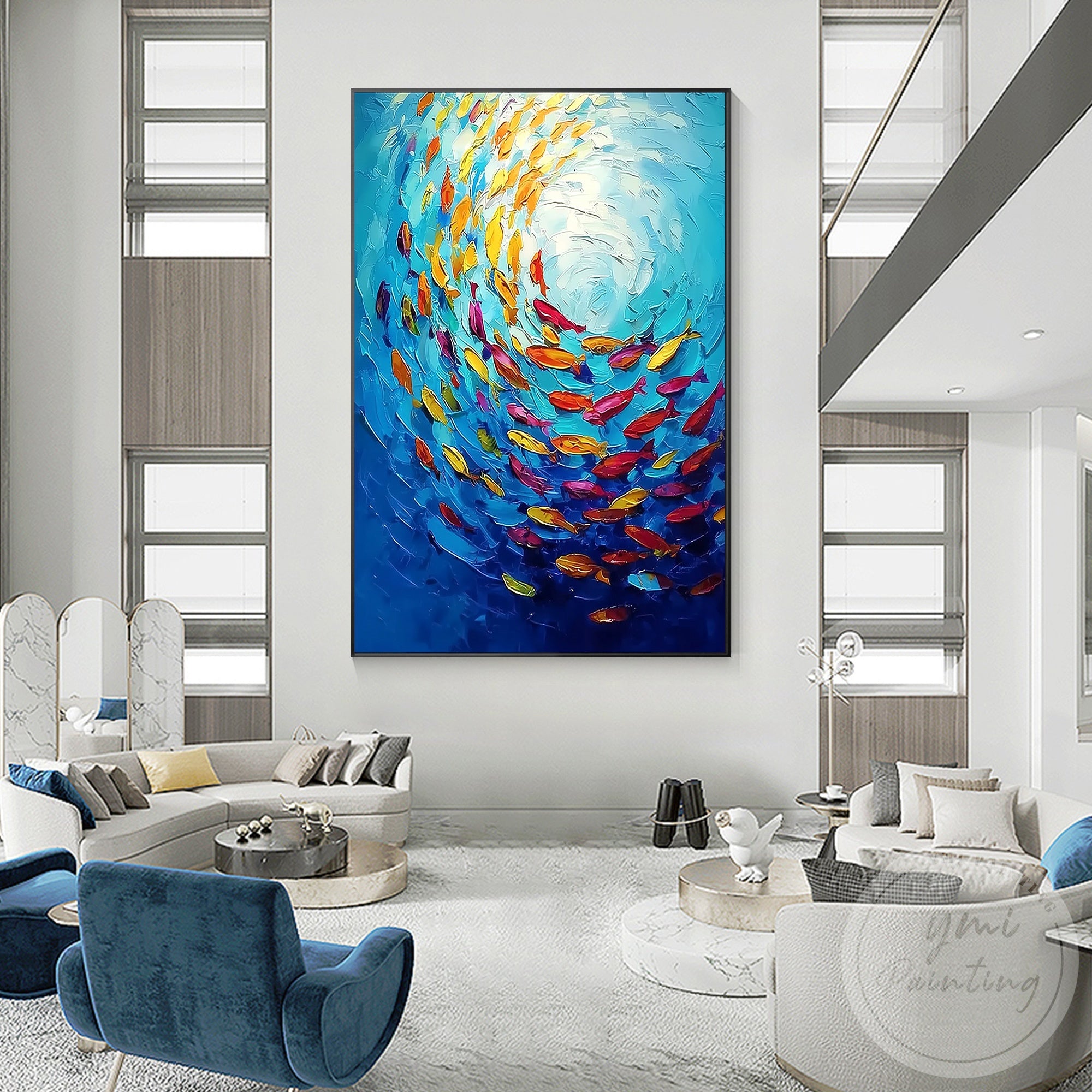 Abstract fish swarm canvas wall art modern interior decor